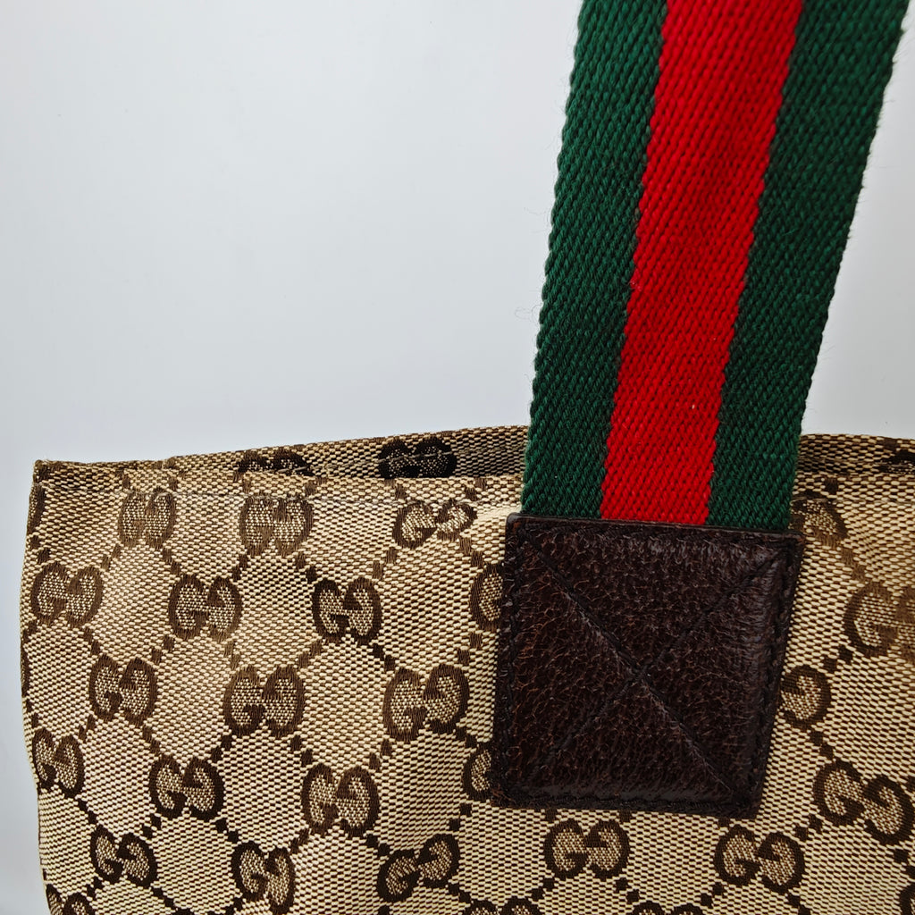 C2915 Gucci Tote Bag GG Canvas Web Stripe Tote | Pre-Owned Very Good Beige / Brown GG Canvas
