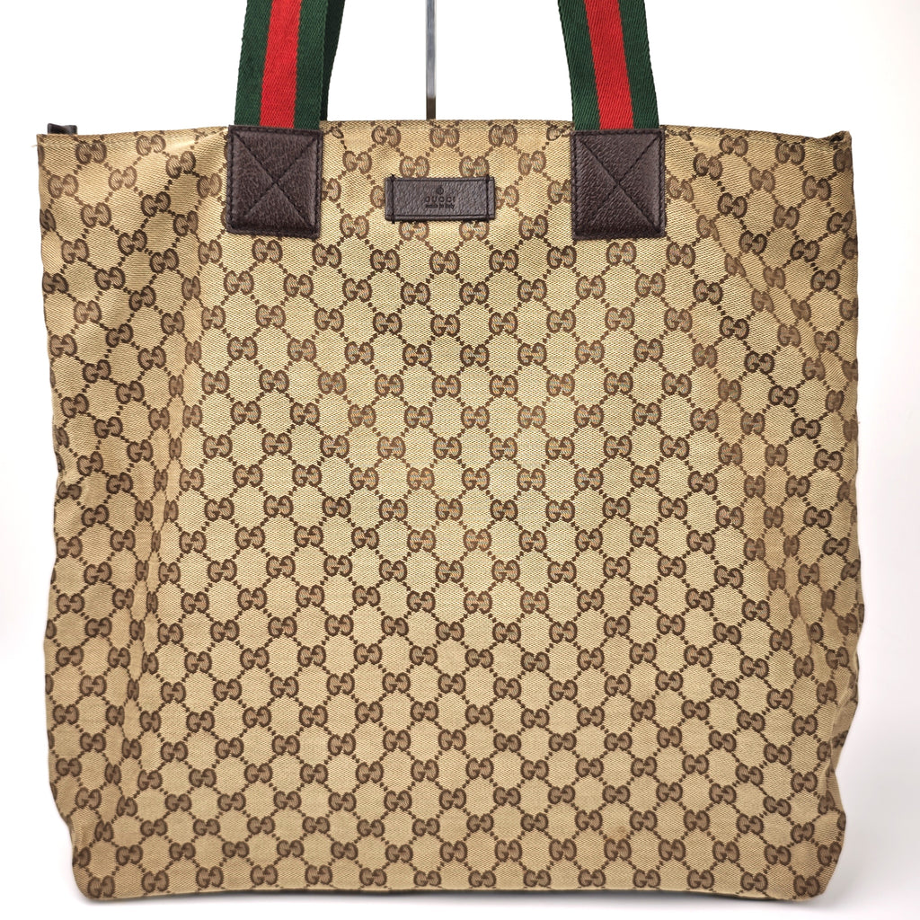C2915 Gucci Tote Bag GG Canvas Web Stripe Tote | Pre-Owned Very Good Beige / Brown GG Canvas