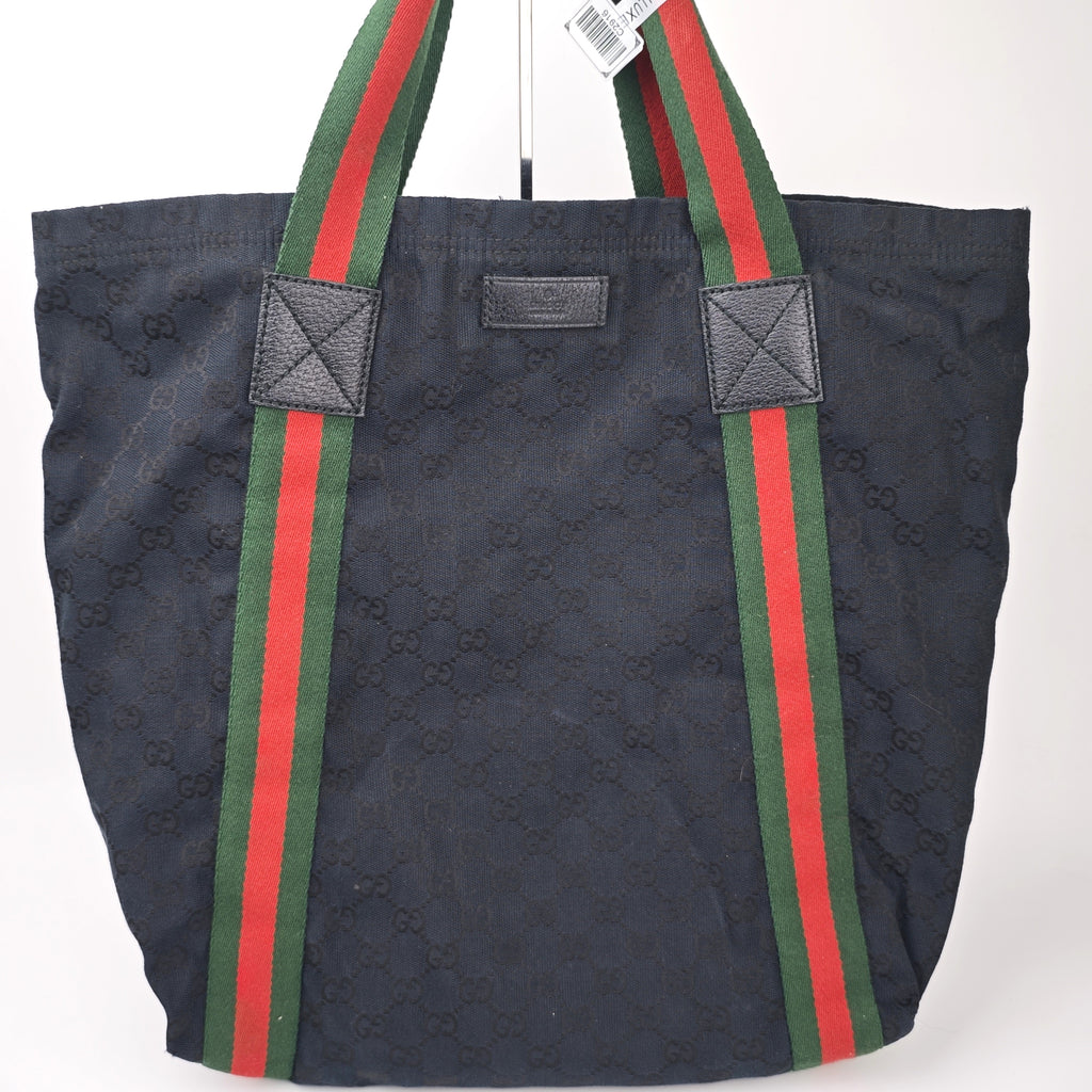 C2916 Gucci Tote Bag GG Canvas Web Stripe Flat Tote Black | Pre-Owned Very Good Black GG Canvas