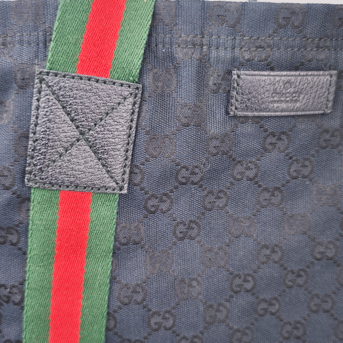 C2916 Gucci Tote Bag GG Canvas Web Stripe Flat Tote Black | Pre-Owned Very Good Black GG Canvas