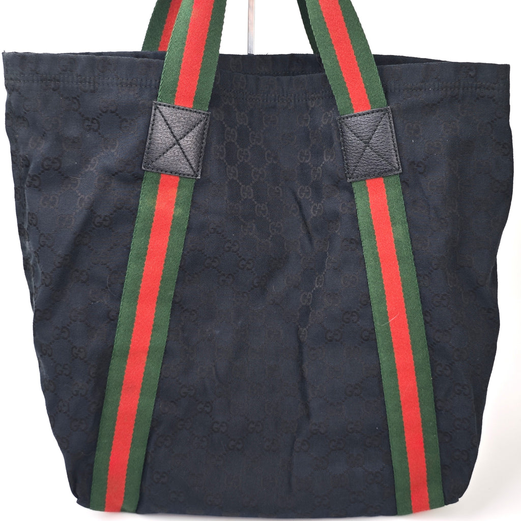 C2916 Gucci Tote Bag GG Canvas Web Stripe Flat Tote Black | Pre-Owned Very Good Black GG Canvas