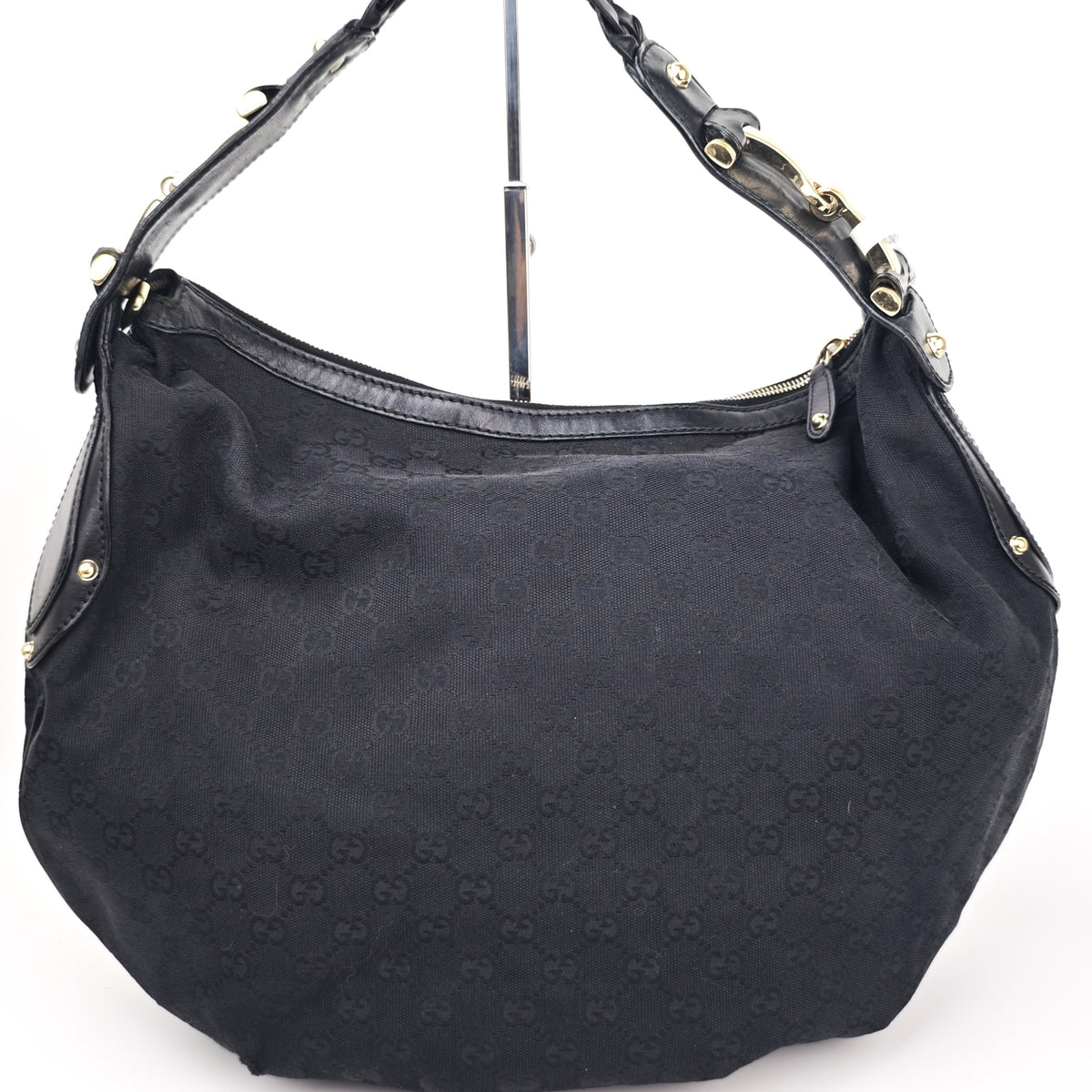 C2918 Gucci Shoulder Bag Black GG Canvas Medium Pelham Hobo Bag | Pre-Owned Excellent Black GG Canvas