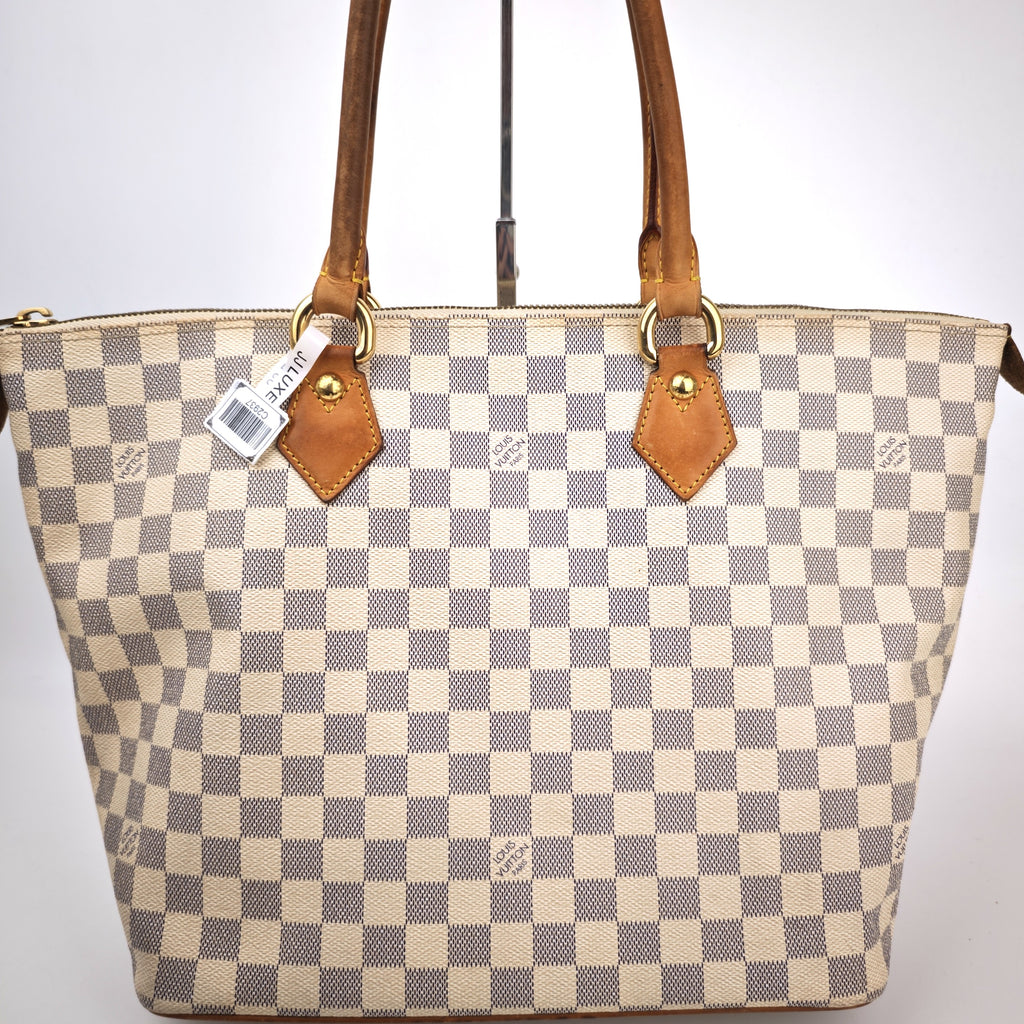 C2937 Louis Vuitton Tote Bag Damier Azur Saleya MM | Pre-Owned Very Good White / Blue Coated Canvas, Leather Trim Damier Azur