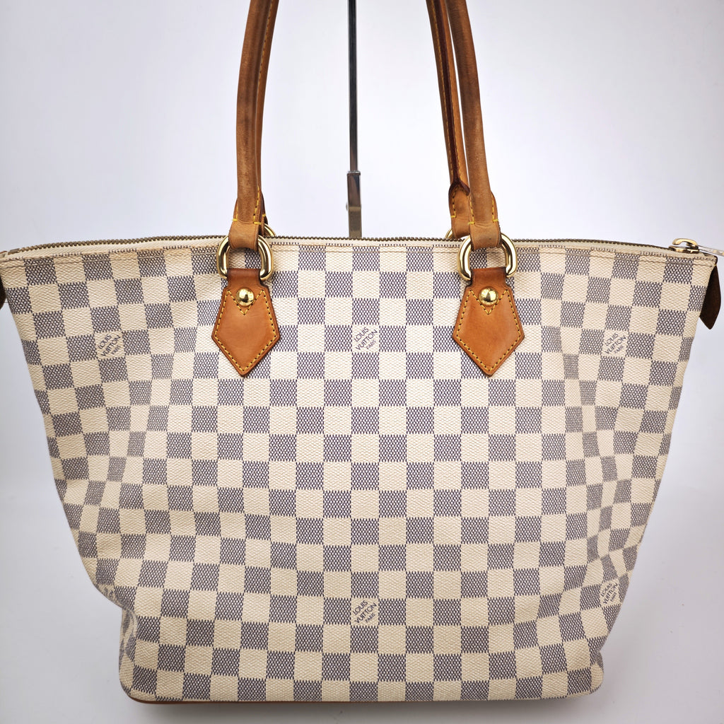 C2937 Louis Vuitton Tote Bag Damier Azur Saleya MM | Pre-Owned Very Good White / Blue Coated Canvas, Leather Trim Damier Azur