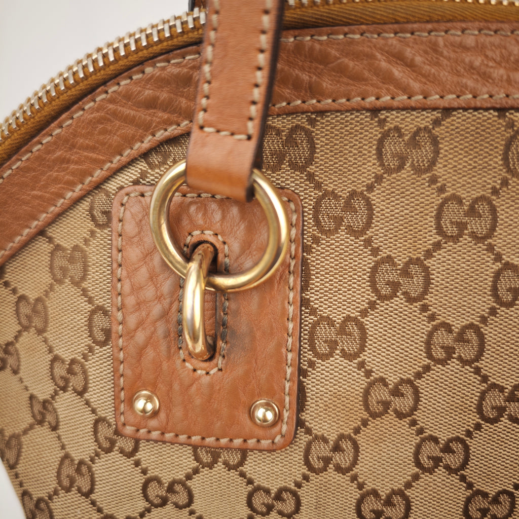 C2977 Gucci Shoulder Bag GG Canvas Charm Dome Satchel | Pre-Owned Very Good Beige / Brown Canvas, Leather GG Canvas