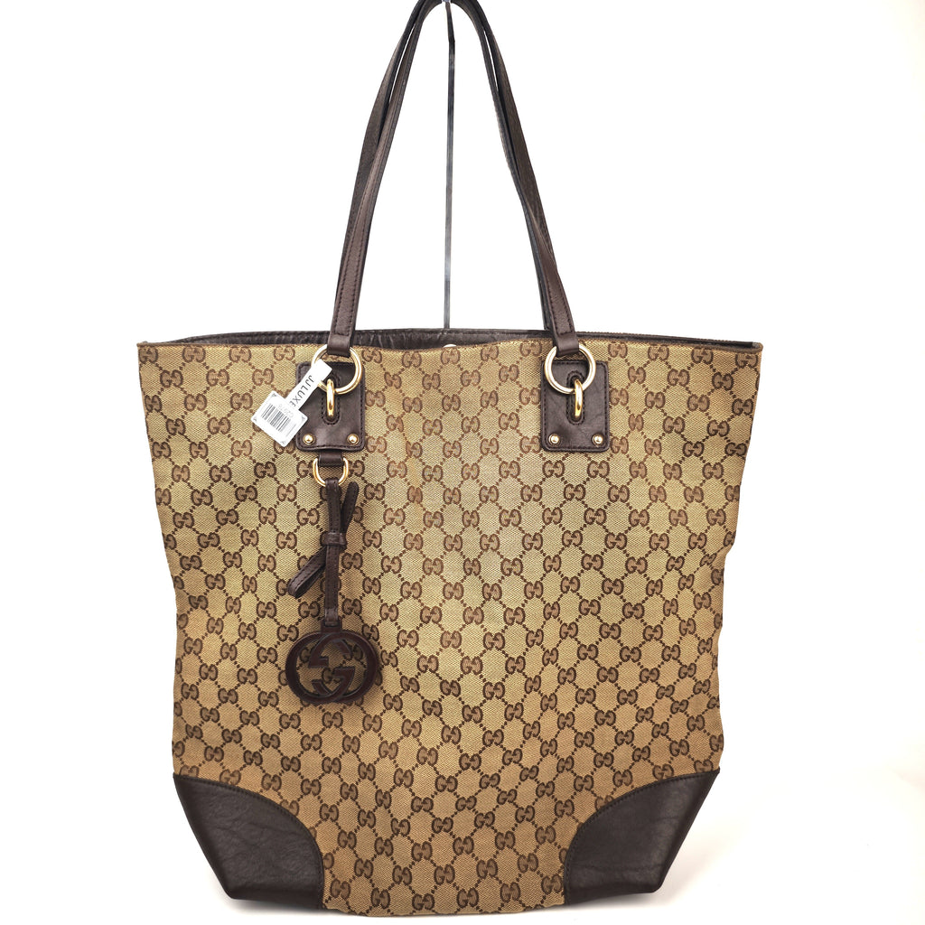 C2978 Gucci Tote Bag GG Canvas Large Charm Tote | Pre-Owned Very Good Beige / Brown Canvas, Leather GG Canvas