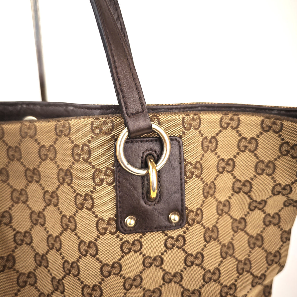 C2978 Gucci Tote Bag GG Canvas Large Charm Tote | Pre-Owned Very Good Beige / Brown Canvas, Leather GG Canvas