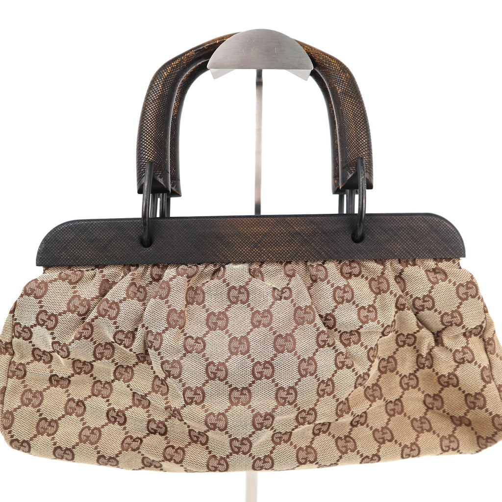 C2170# Gucci Tote Bag GG Canvas Wood Handle Tote Bag | Pre-Owned Very Good Brown GG Canvas