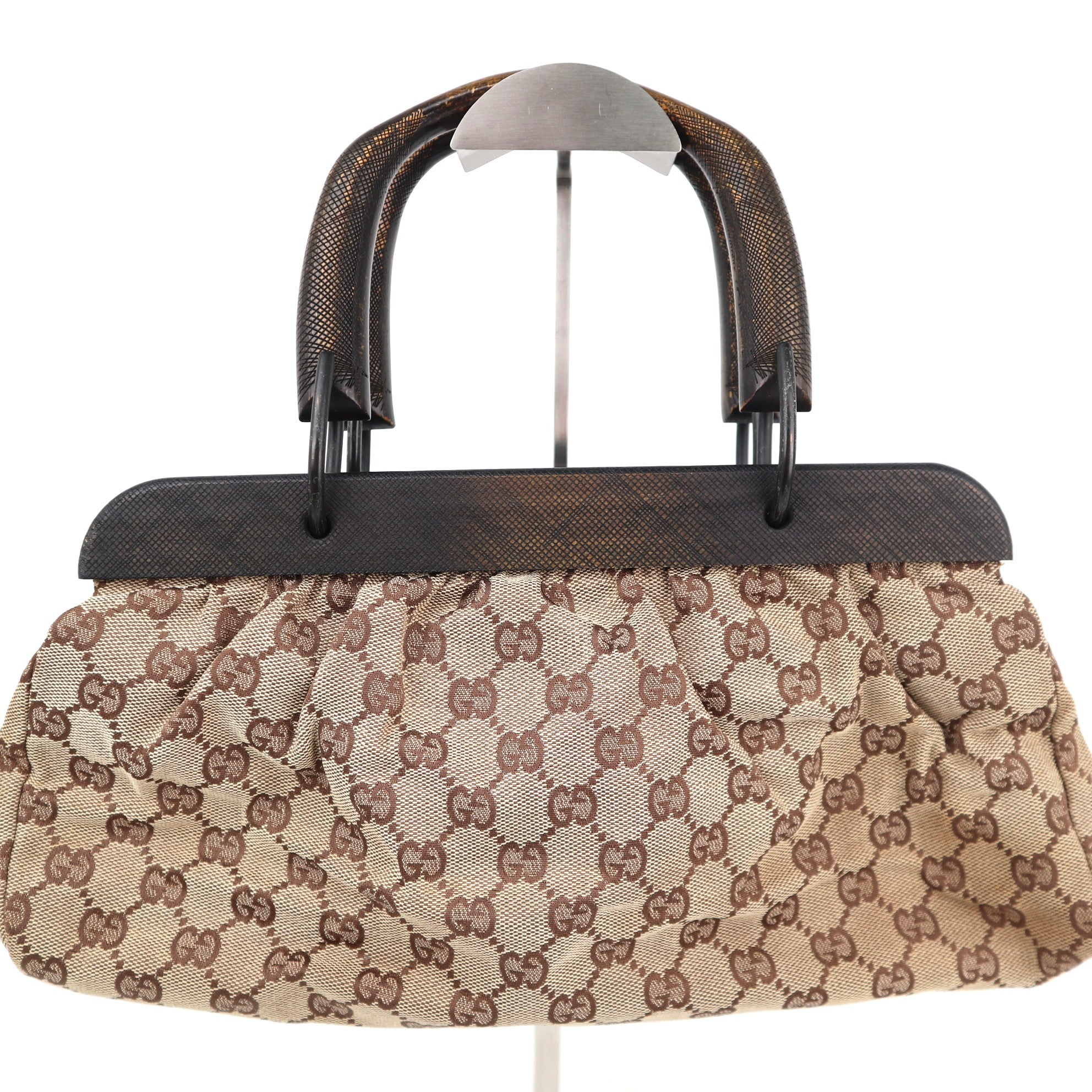 C2170 Gucci Tote Bag GG Canvas Wood Handle Tote Bag | Pre-Owned Very Good Brown GG Canvas
