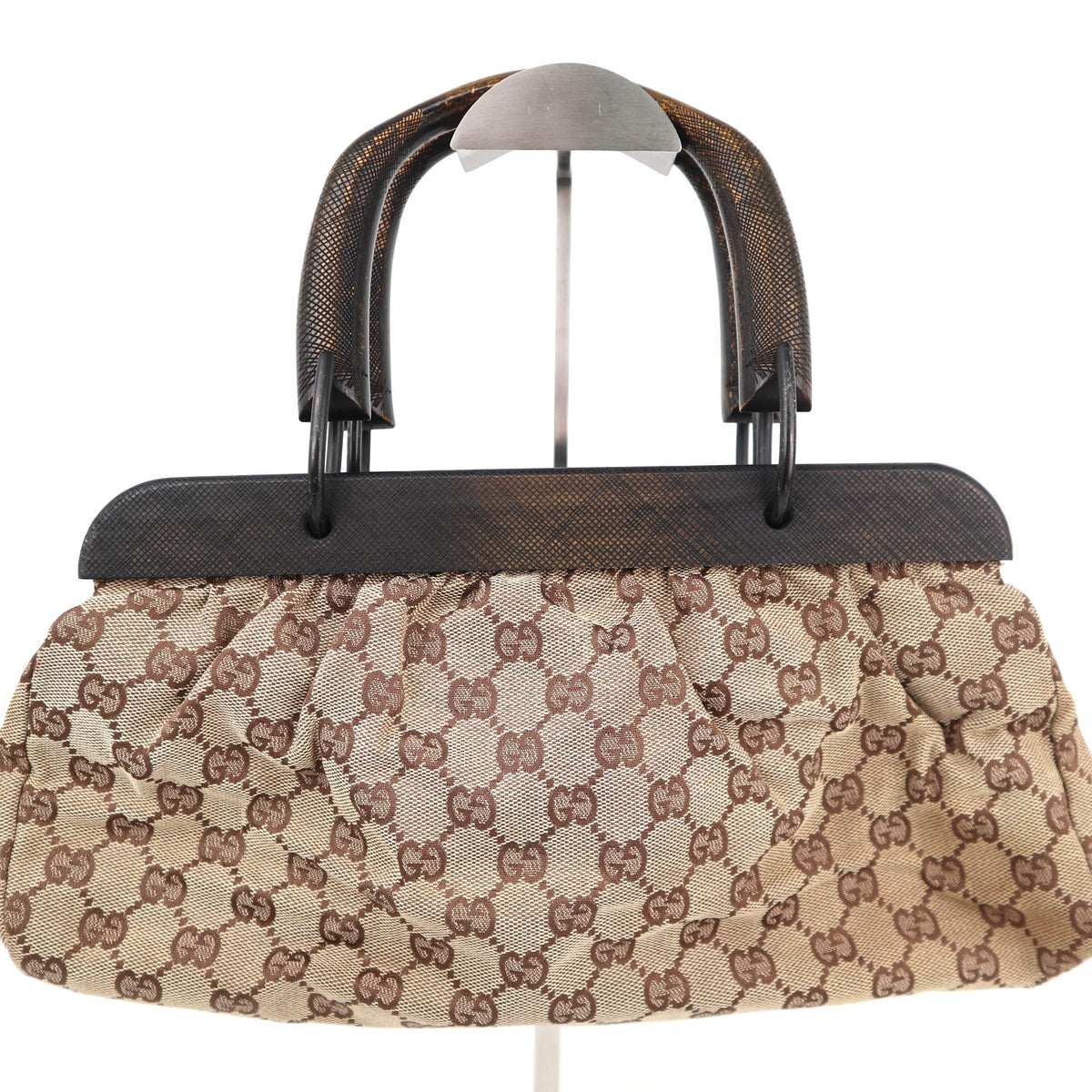 C2170# Gucci Tote Bag GG Canvas Wood Handle Tote Bag | Pre-Owned Very Good Brown GG Canvas