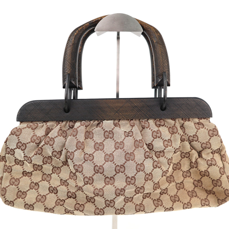 C2170# Gucci Tote Bag GG Canvas Wood Handle Tote Bag | Pre-Owned Very Good Brown GG Canvas