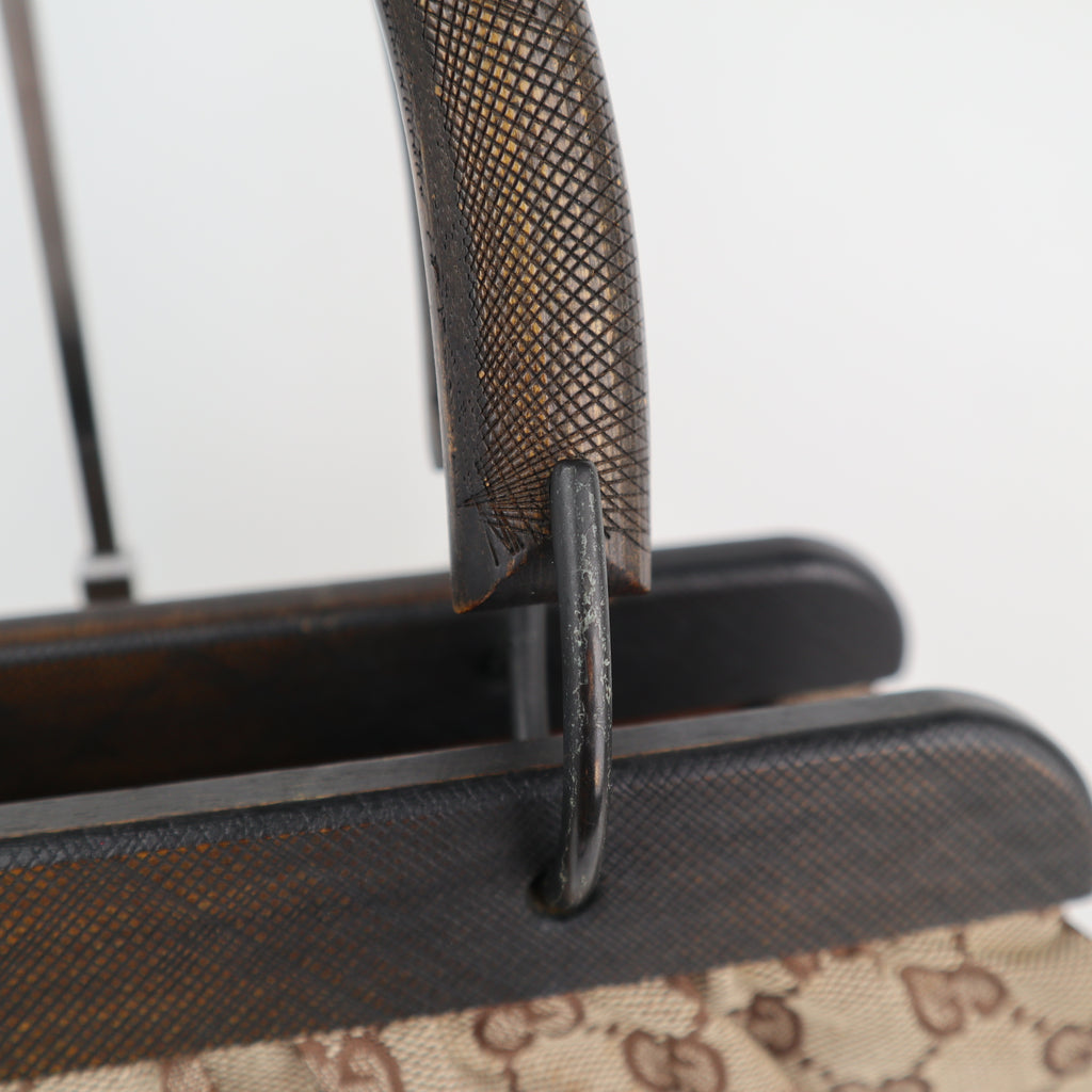 C2170# Gucci Tote Bag GG Canvas Wood Handle Tote Bag | Pre-Owned Very Good Brown GG Canvas