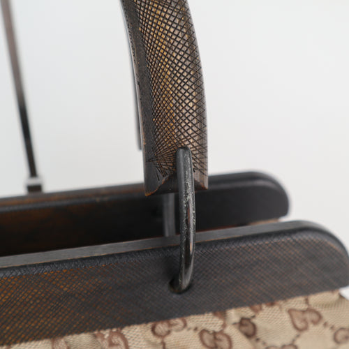 C2170# Gucci Tote Bag GG Canvas Wood Handle Tote Bag | Pre-Owned Very Good Brown GG Canvas