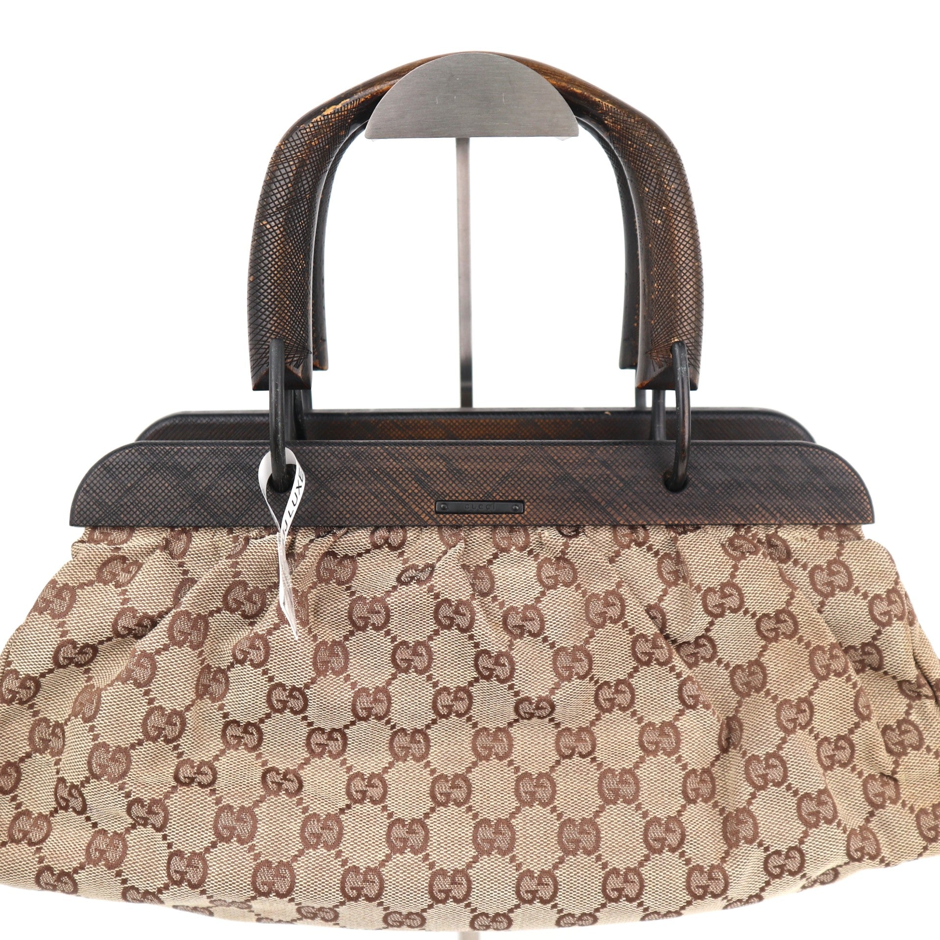 C2170 Gucci Tote Bag GG Canvas Wood Handle Tote Bag | Pre-Owned Very Good Brown GG Canvas