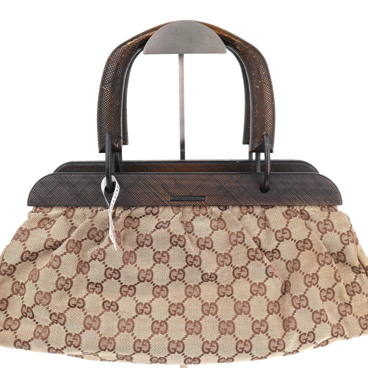 C2170# Gucci Tote Bag GG Canvas Wood Handle Tote Bag | Pre-Owned Very Good Brown GG Canvas
