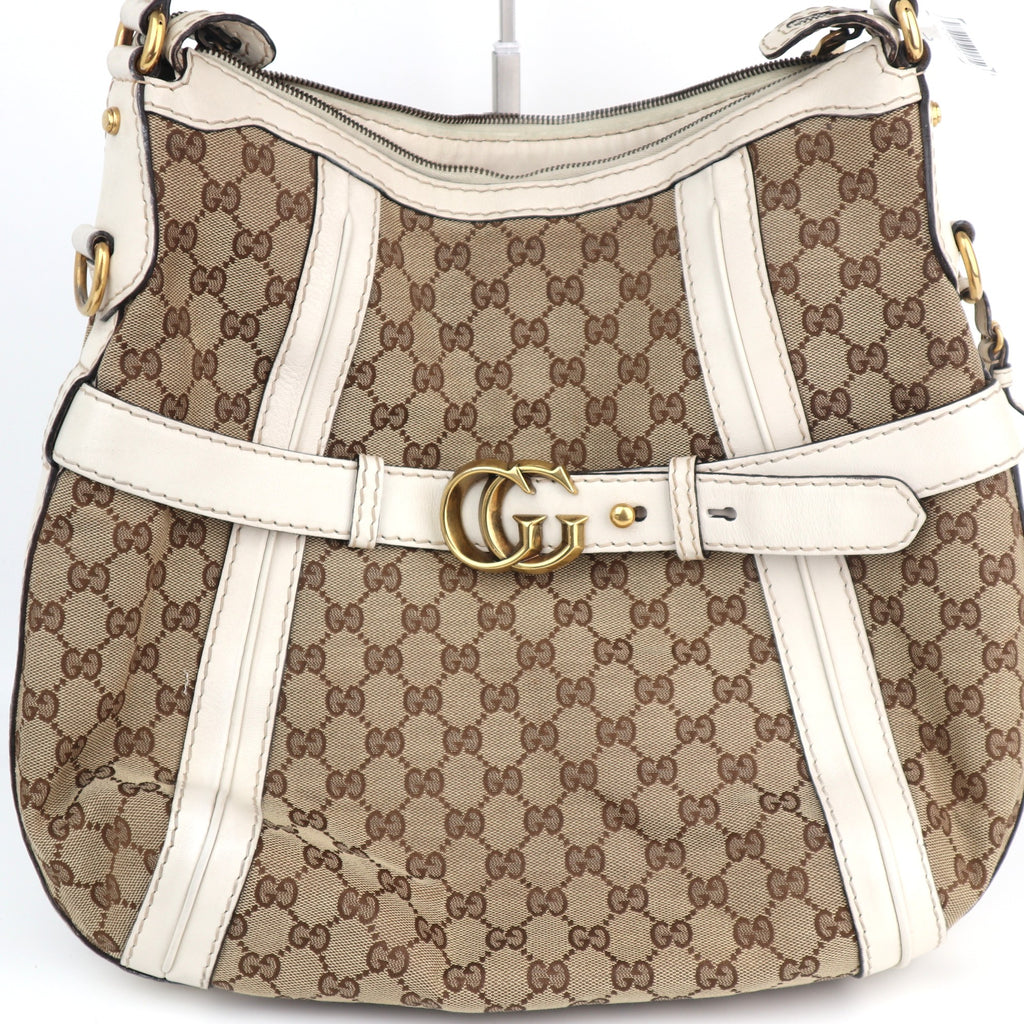 C2209 Gucci Hobo Bag GG Running Medium Hobo | Pre-Owned Very Good Brown canvas, leather trim