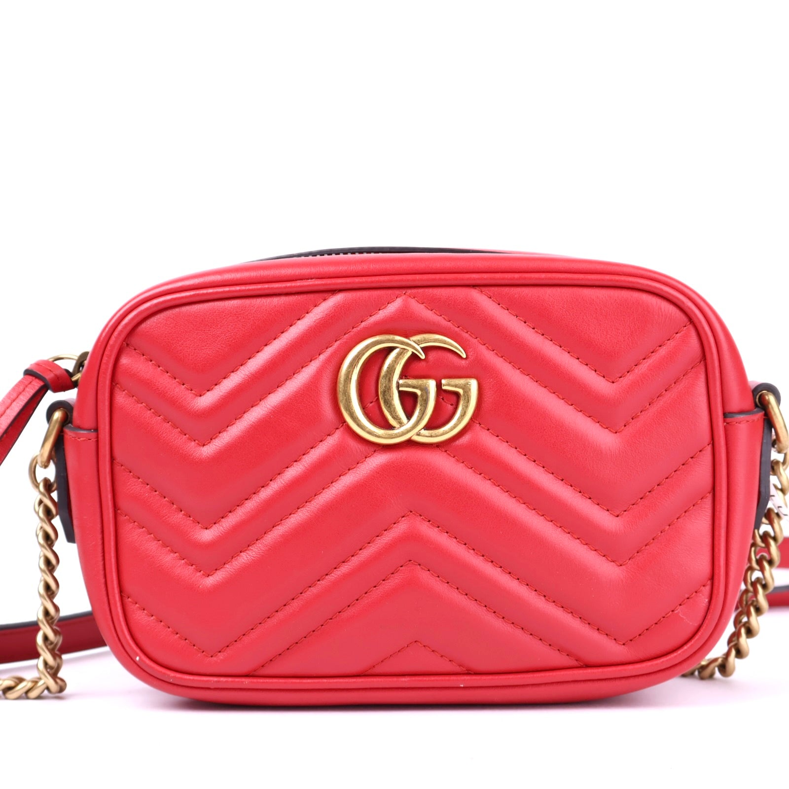 J2105 Gucci Red Quilted Leather Marmont Small Camera Bag- Pre Owned