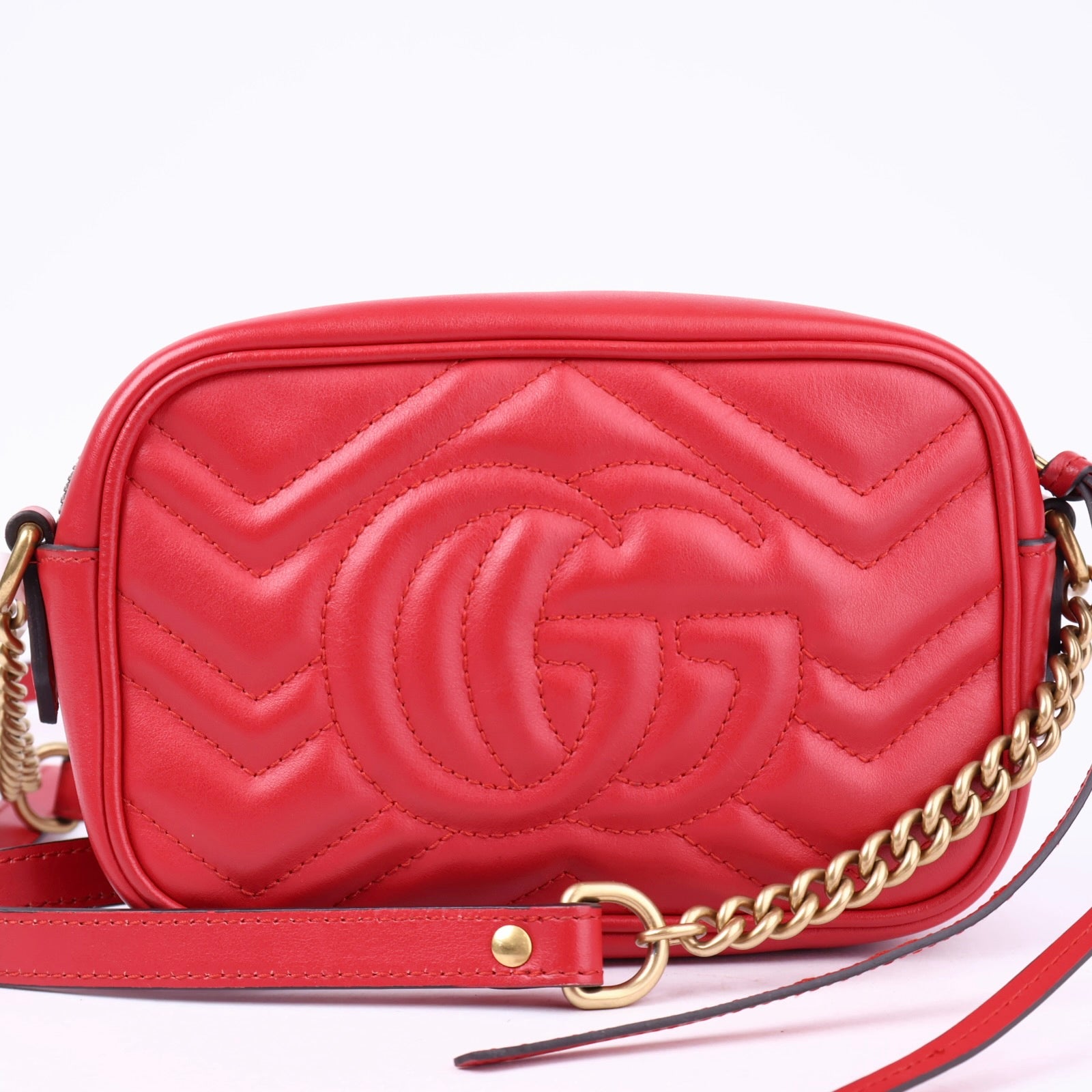 J2105 Gucci Red Quilted Leather Marmont Small Camera Bag- Pre Owned