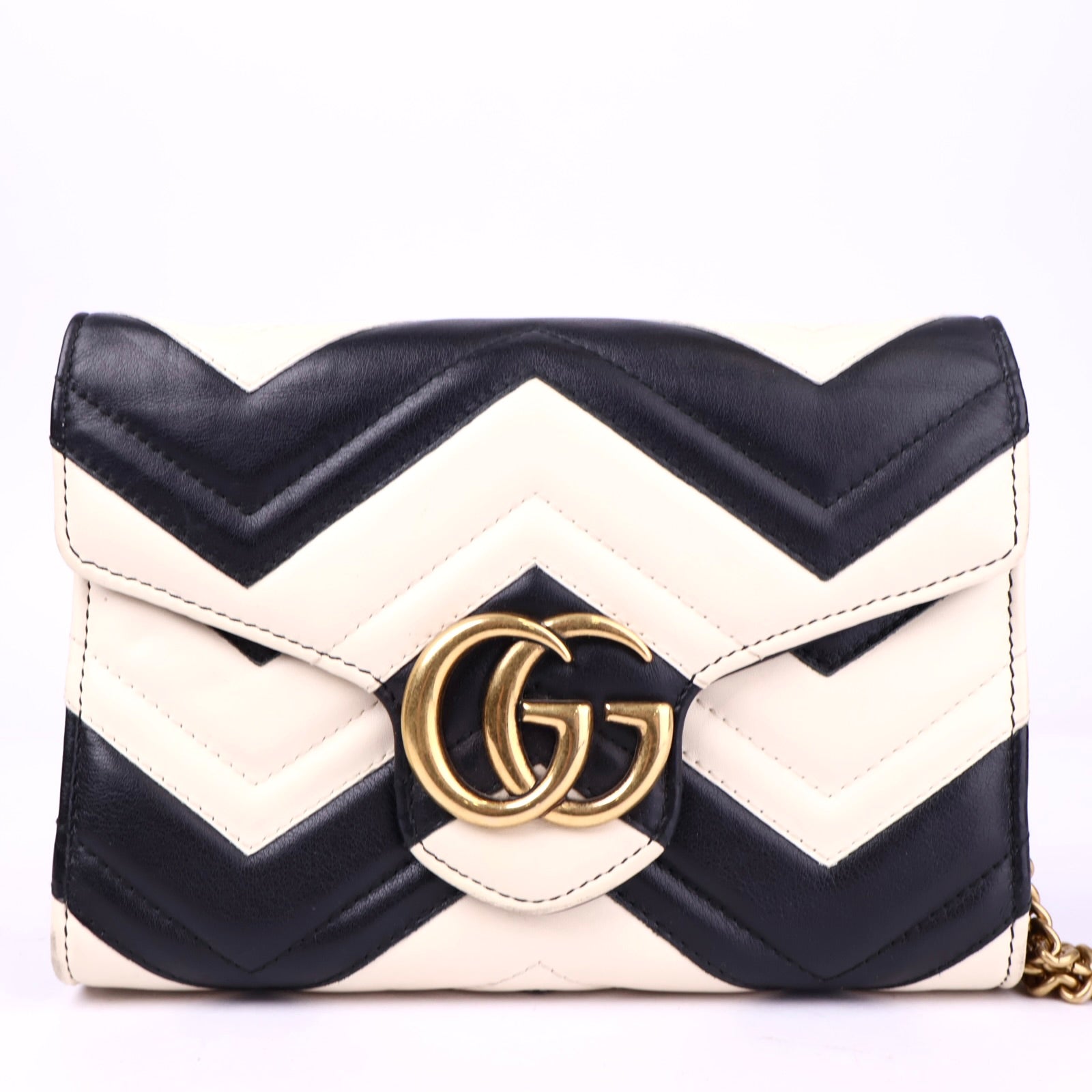 J2130 Gucci GG Marmont Black & White Leather Shoulder Bag- Pre Owned