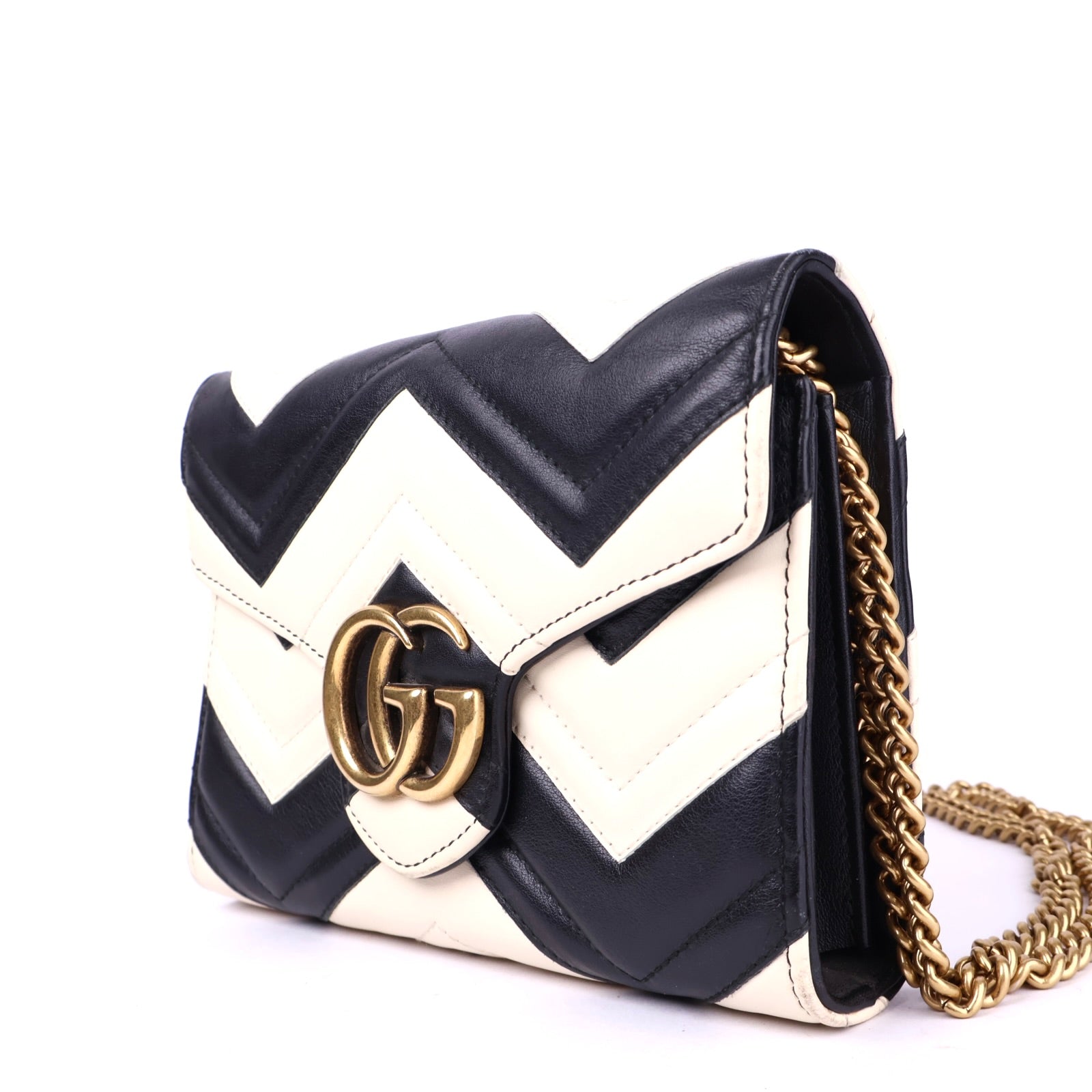 J2130 Gucci GG Marmont Black & White Leather Shoulder Bag- Pre Owned