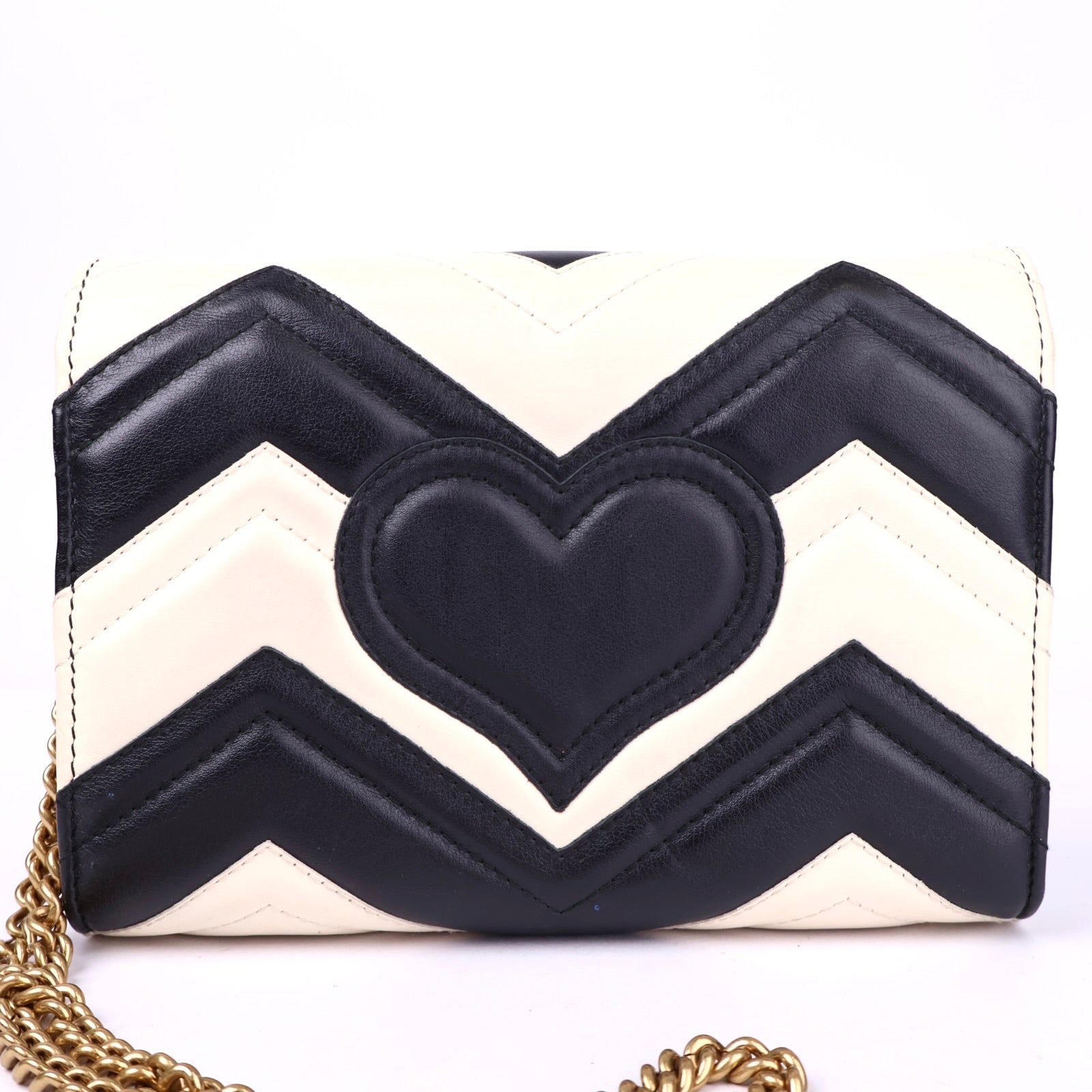 J2130 Gucci GG Marmont Black & White Leather Shoulder Bag- Pre Owned