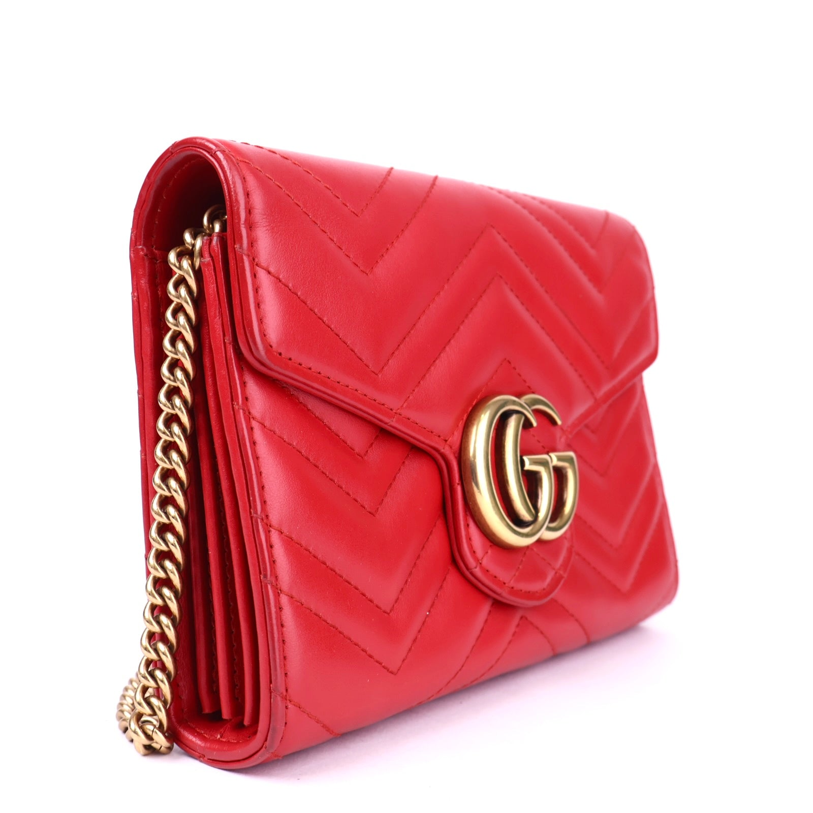 J2097 Gucci Calfskin Matelasse Mini GG Marmont Chain Wallet- Pre Owned