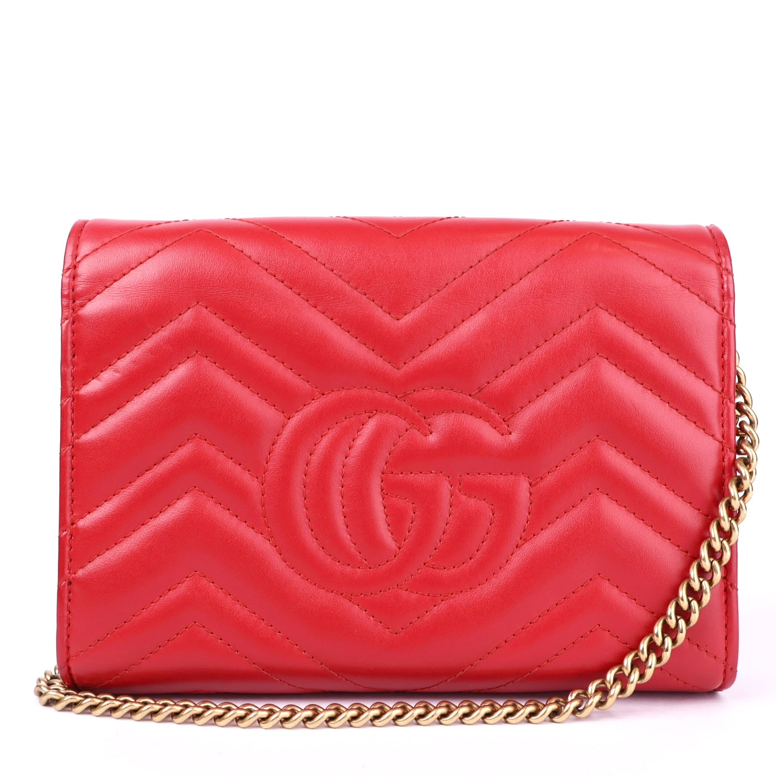 J2097 Gucci Calfskin Matelasse Mini GG Marmont Chain Wallet- Pre Owned
