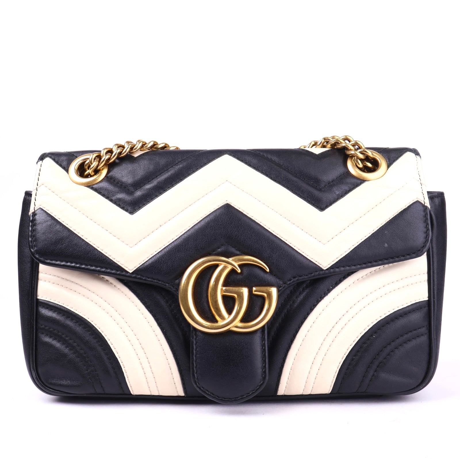 J2095 Gucci GG Marmont Black & White Leather Shoulder Bag- Pre Owned