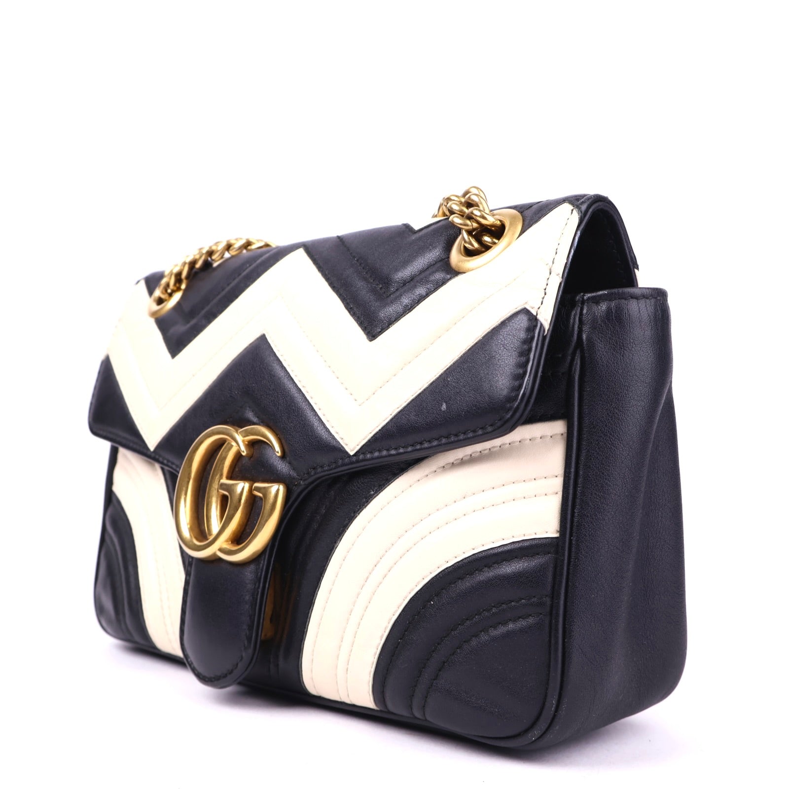 J2095 Gucci GG Marmont Black & White Leather Shoulder Bag- Pre Owned