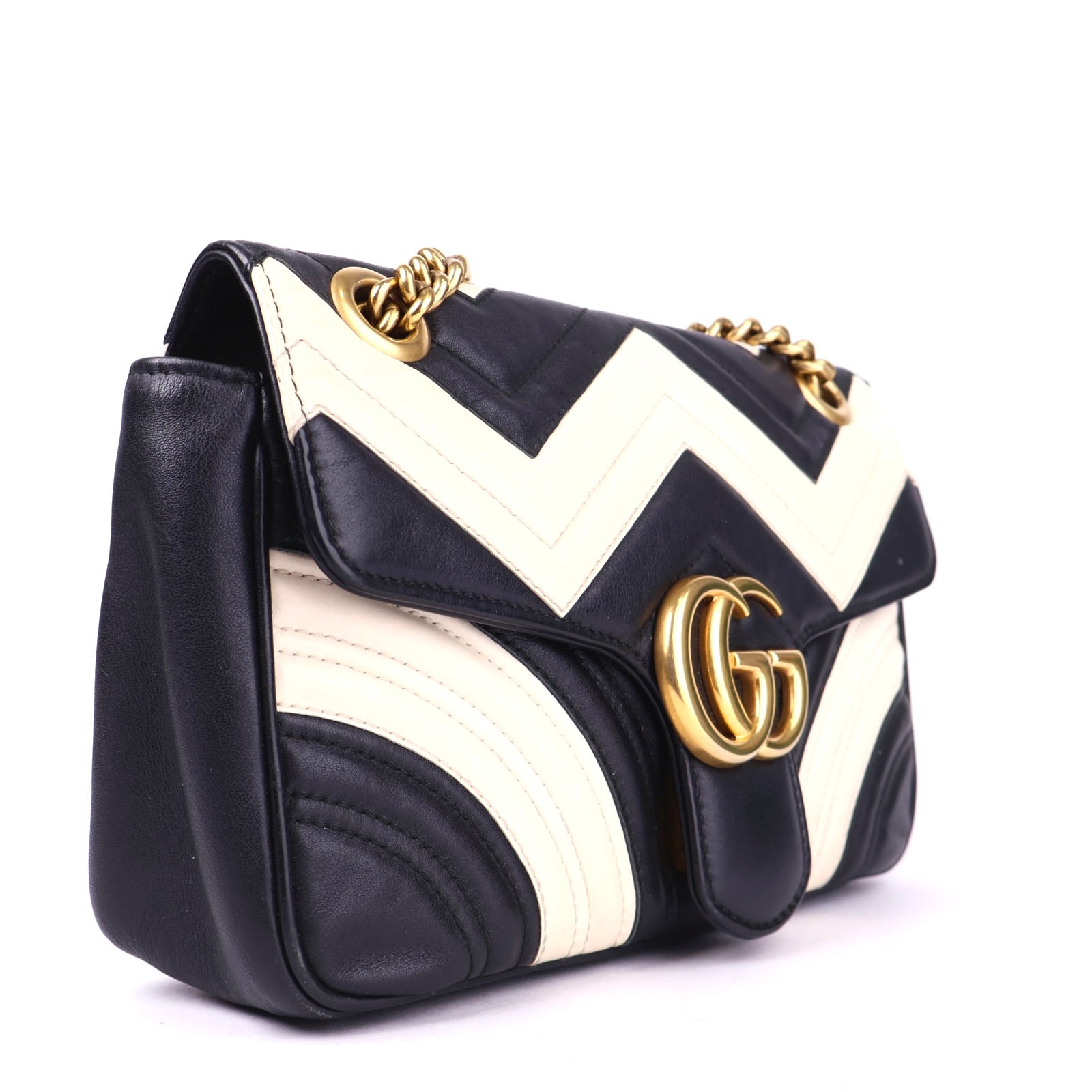 J2095 Gucci GG Marmont Black & White Leather Shoulder Bag- Pre Owned