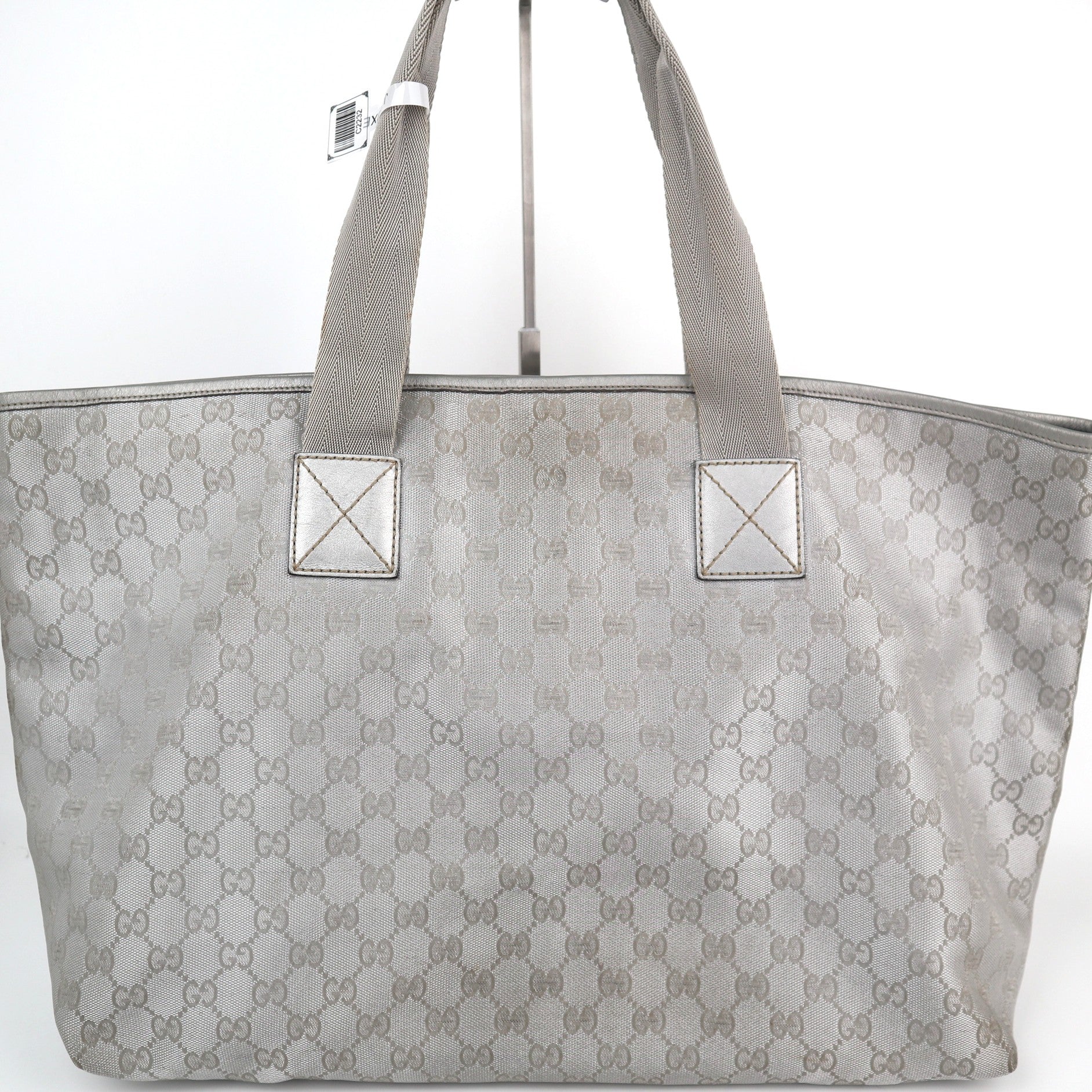C2232 Gucci Tote Bag GG Web Large | Pre-Owned Very Good Silver Coated Canvas And Leather Trim
