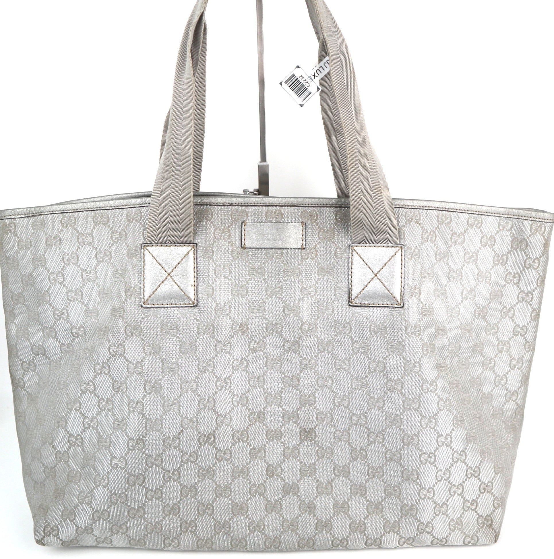 C2232 Gucci Tote Bag GG Web Large | Pre-Owned Very Good Silver Coated Canvas And Leather Trim
