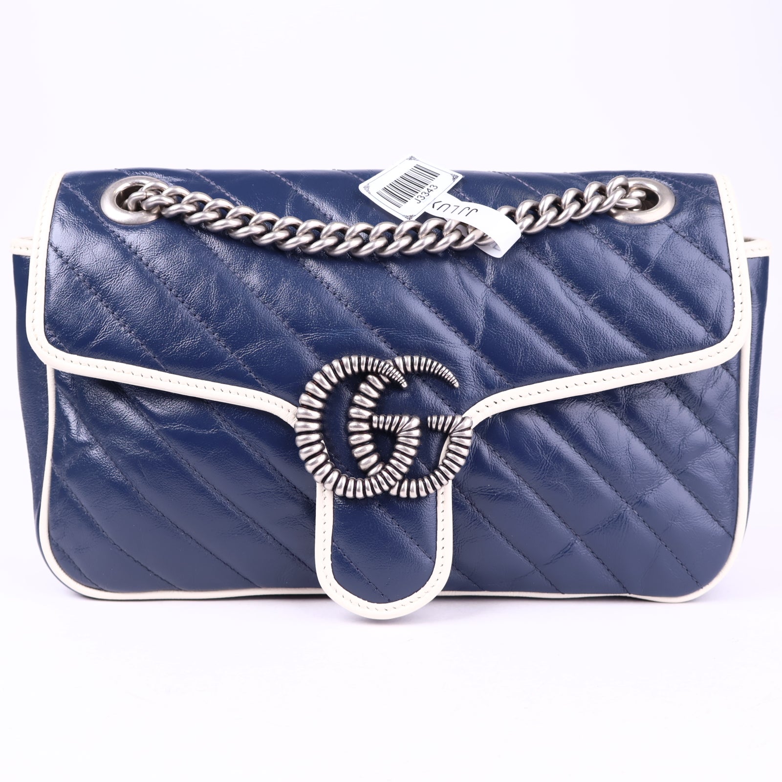 J3343 Gucci Blue/White Quilted Leather Marmont Torchon Small Flap Bag- Pre Owned