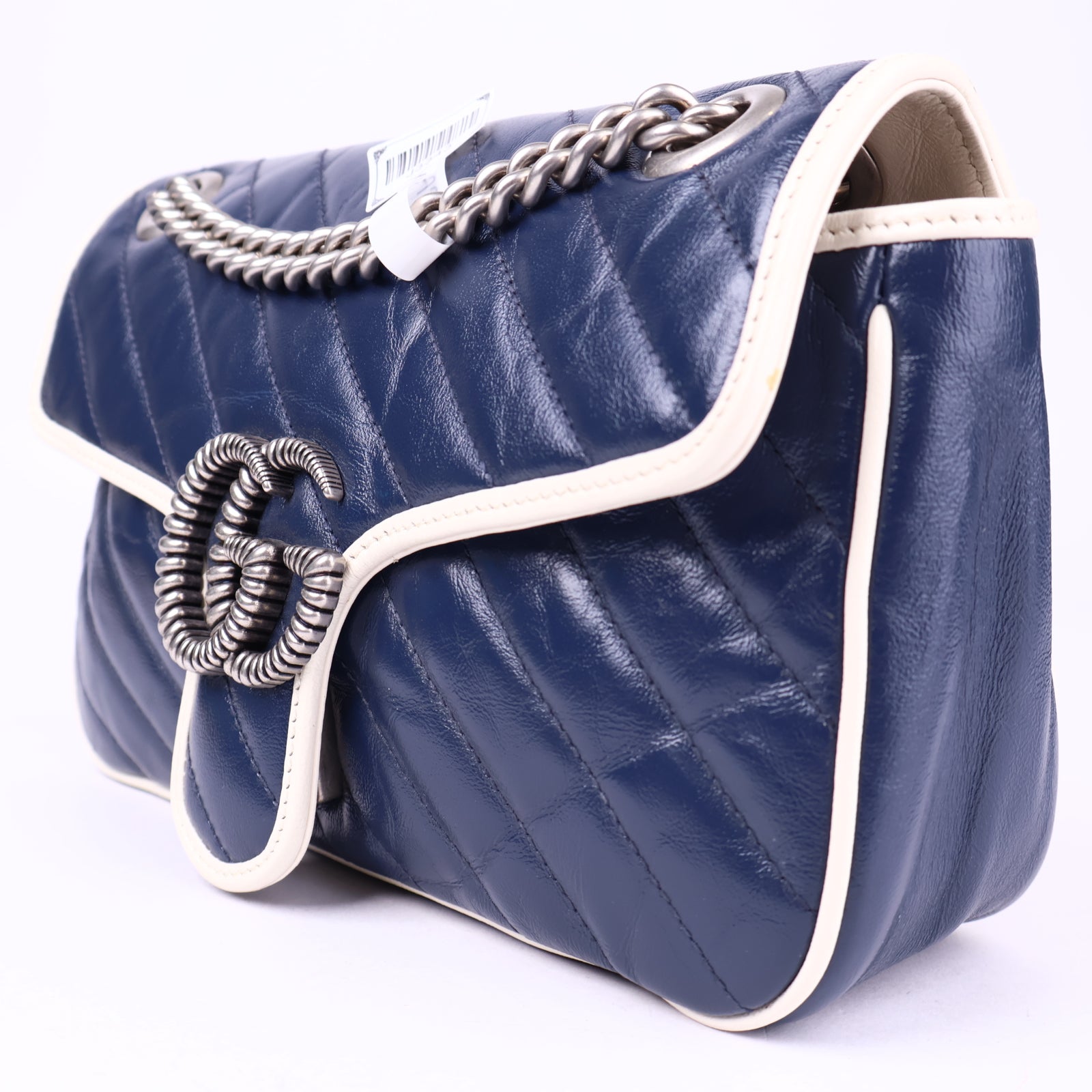 J3343 Gucci Blue/White Quilted Leather Marmont Torchon Small Flap Bag- Pre Owned