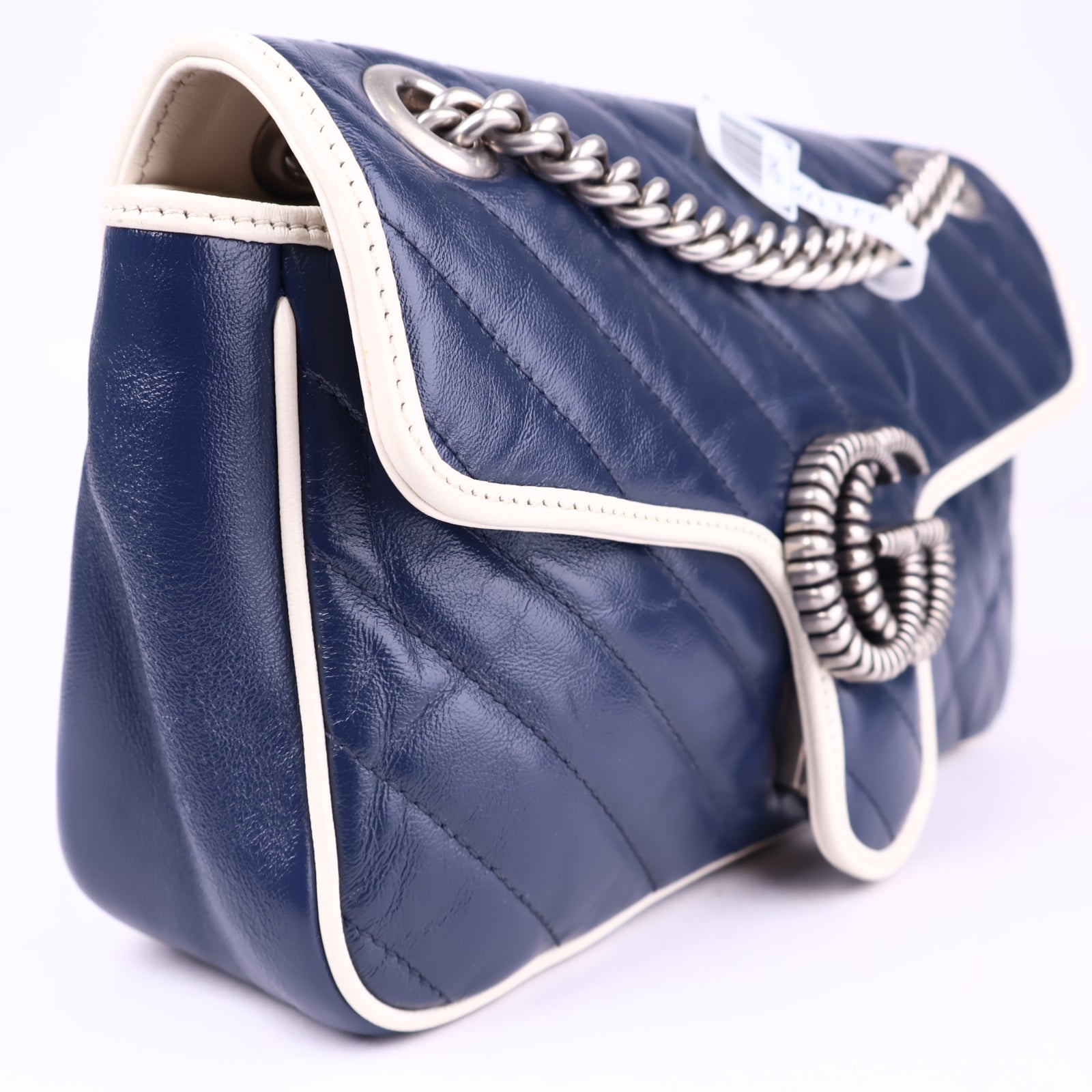J3343 Gucci Blue/White Quilted Leather Marmont Torchon Small Flap Bag- Pre Owned