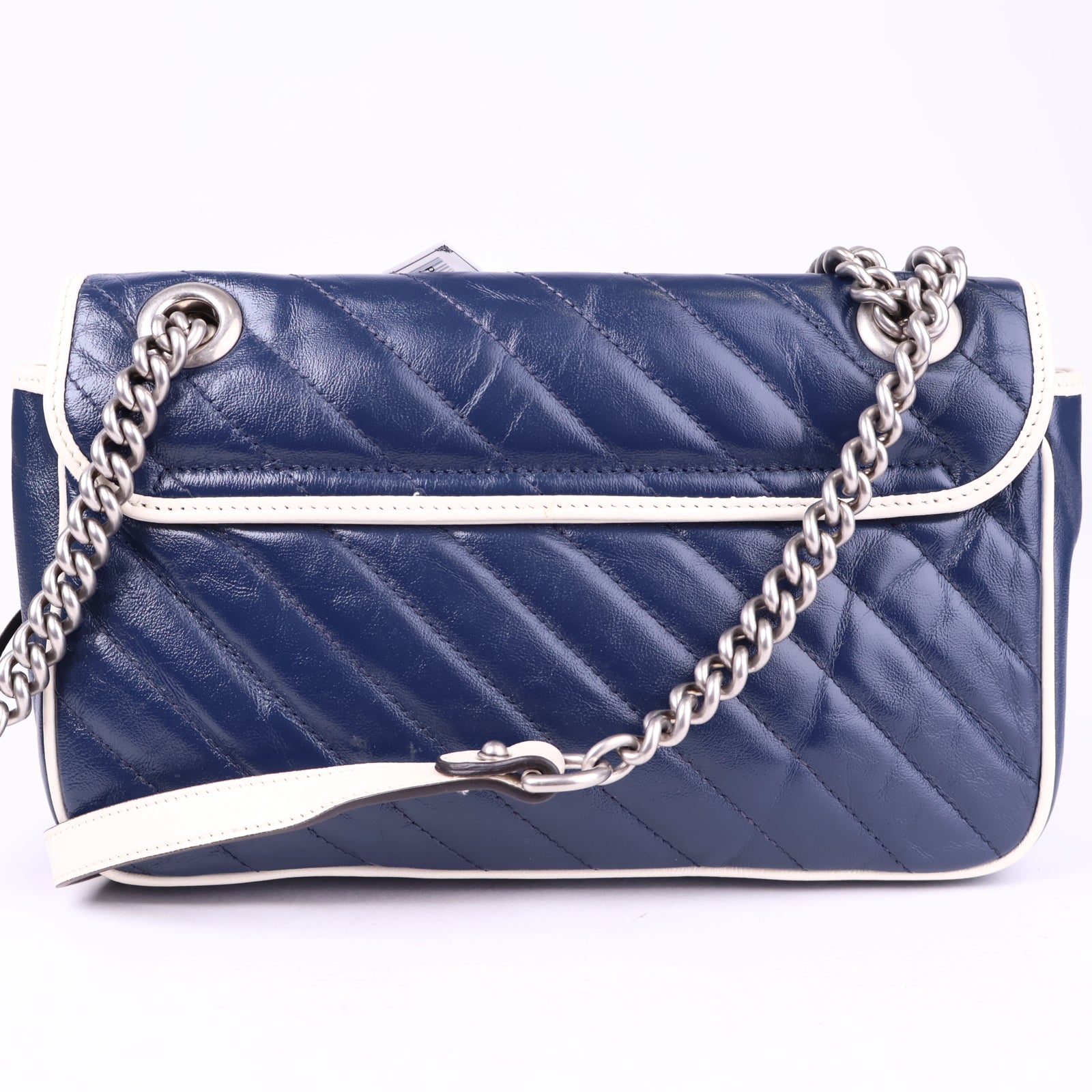 J3343 Gucci Blue/White Quilted Leather Marmont Torchon Small Flap Bag- Pre Owned