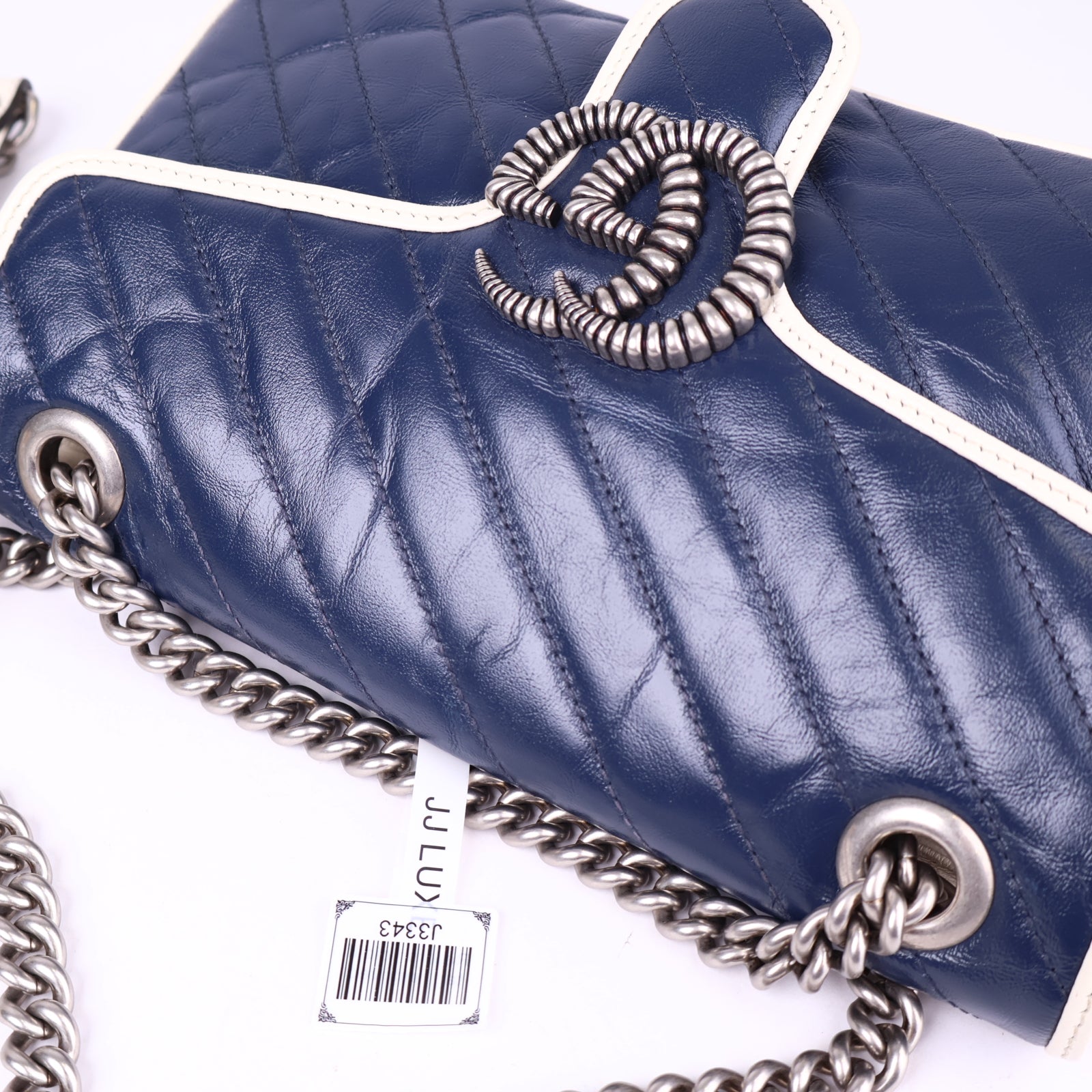 J3343 Gucci Blue/White Quilted Leather Marmont Torchon Small Flap Bag- Pre Owned