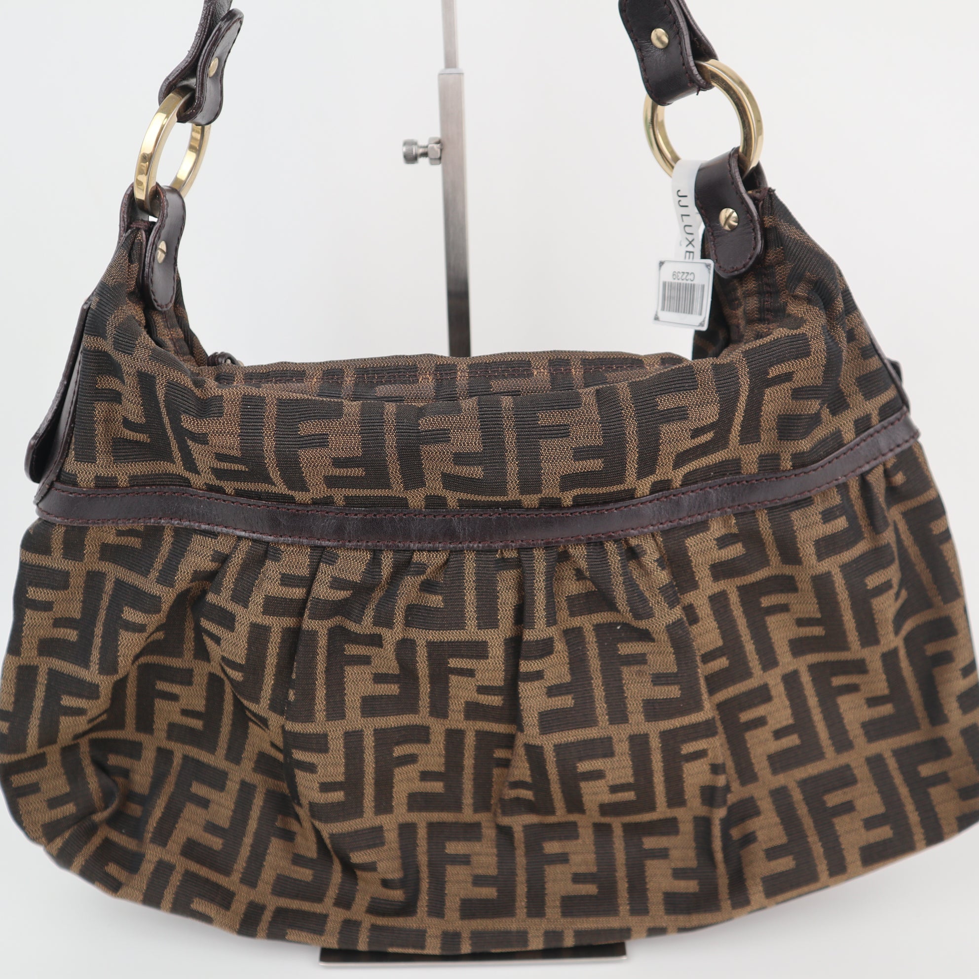 C2239 Fendi Shoulder Bag Zucca Cuoio Lucido Chef Hobo | Pre-Owned Very Good Brown Canvas And Patent Leather Trim