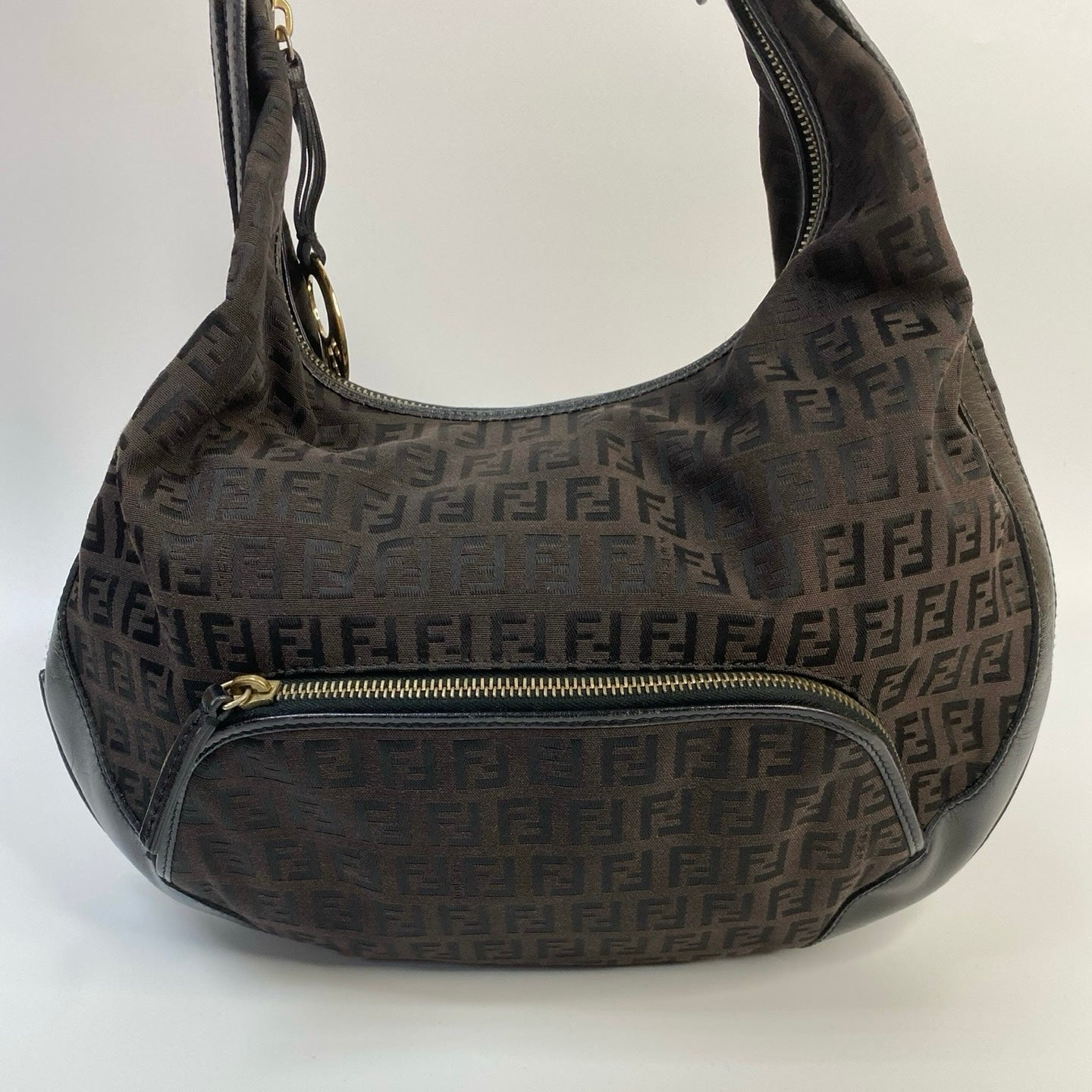 J2946 Fendi Shoulder Bag Black Zucchino Monogram Canvas Hobo Bag | Pre-Owned Black Canvas FF Monogram