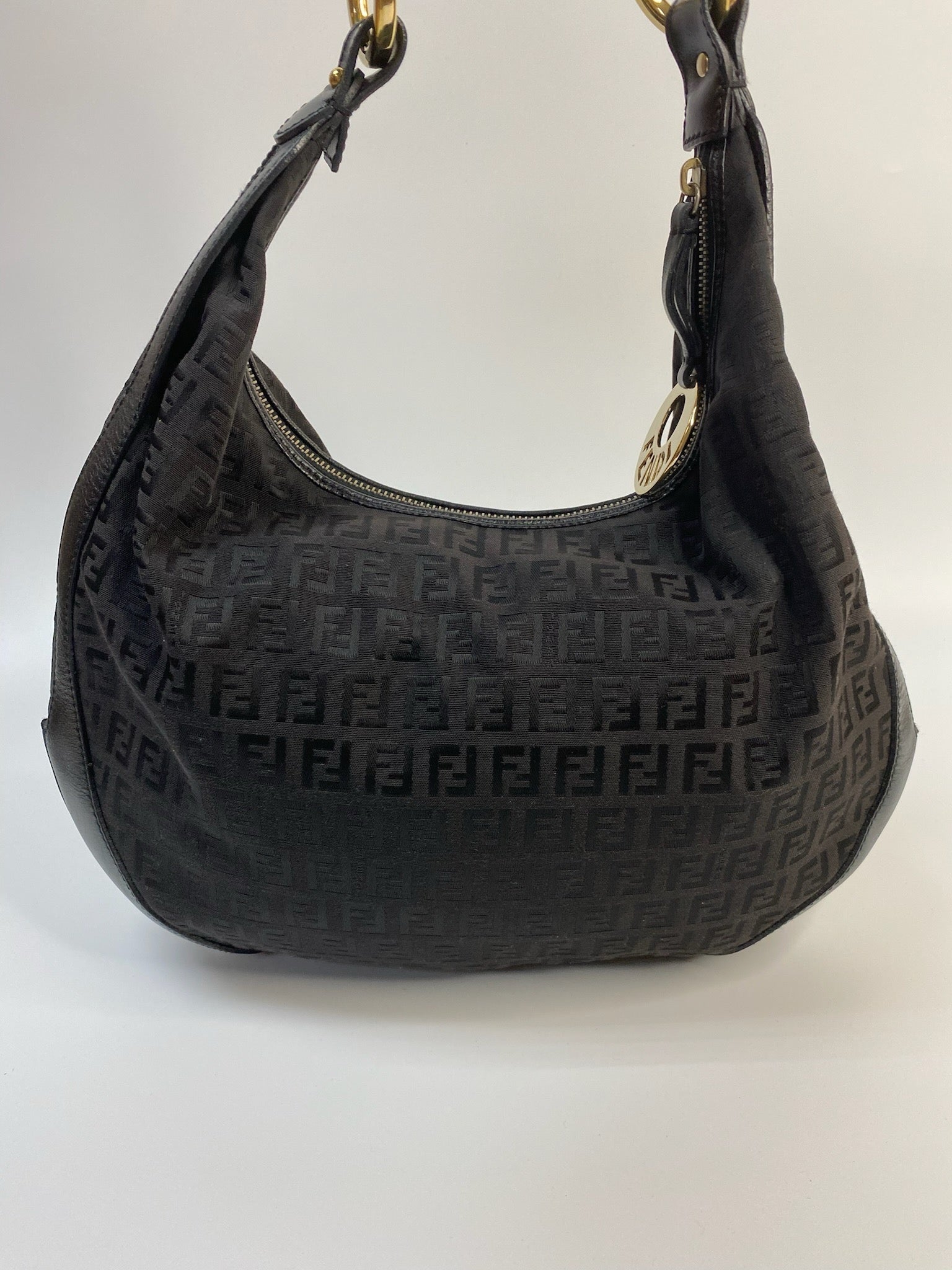 J2946 Fendi Shoulder Bag Black Zucchino Monogram Canvas Hobo Bag | Pre-Owned Black Canvas FF Monogram