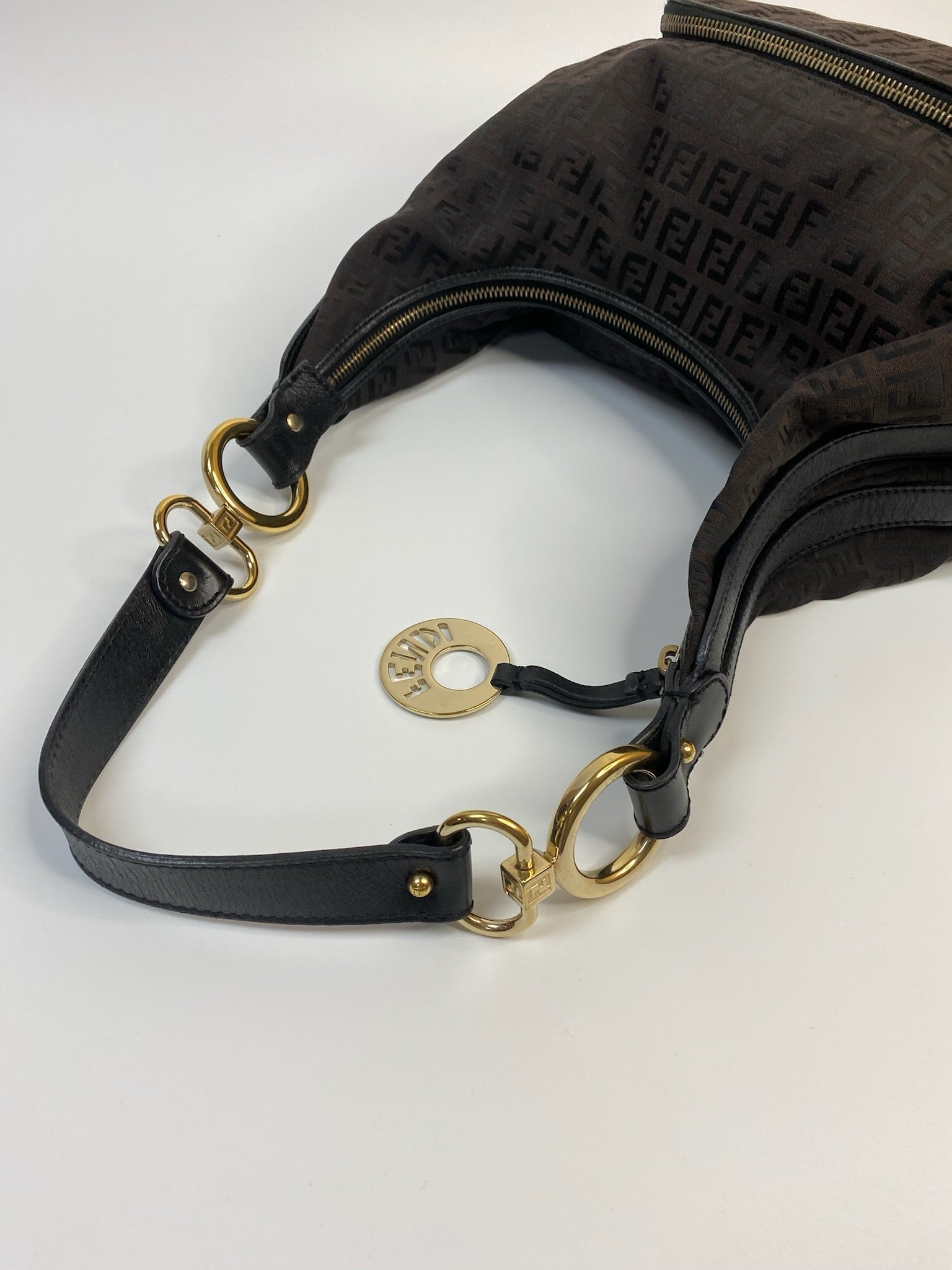 J2946 Fendi Shoulder Bag Black Zucchino Monogram Canvas Hobo Bag | Pre-Owned Black Canvas FF Monogram