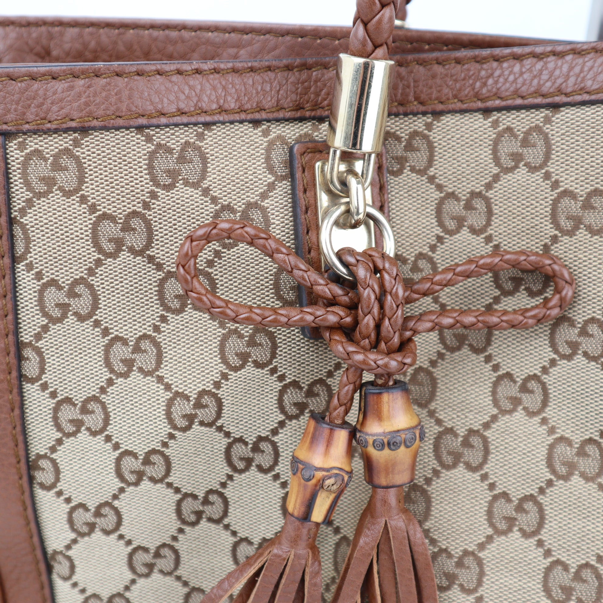 C2249# Gucci Tote Bag GG Canvas Bella | Pre-Owned Very Good Beige and Brown Canvas And Leather Trim