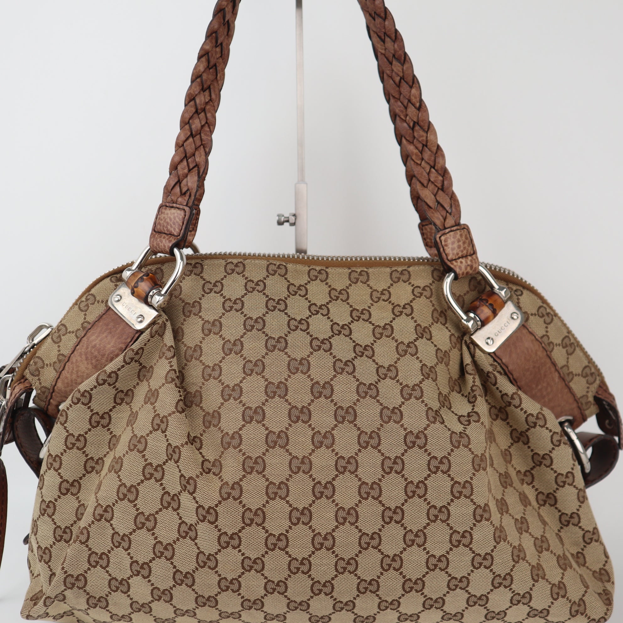 C2269 Gucci Tote Bag GG Canvas Bamboo Bar Tote Bag Large | Pre-Owned Very Good Brown Canvas GG Monogram