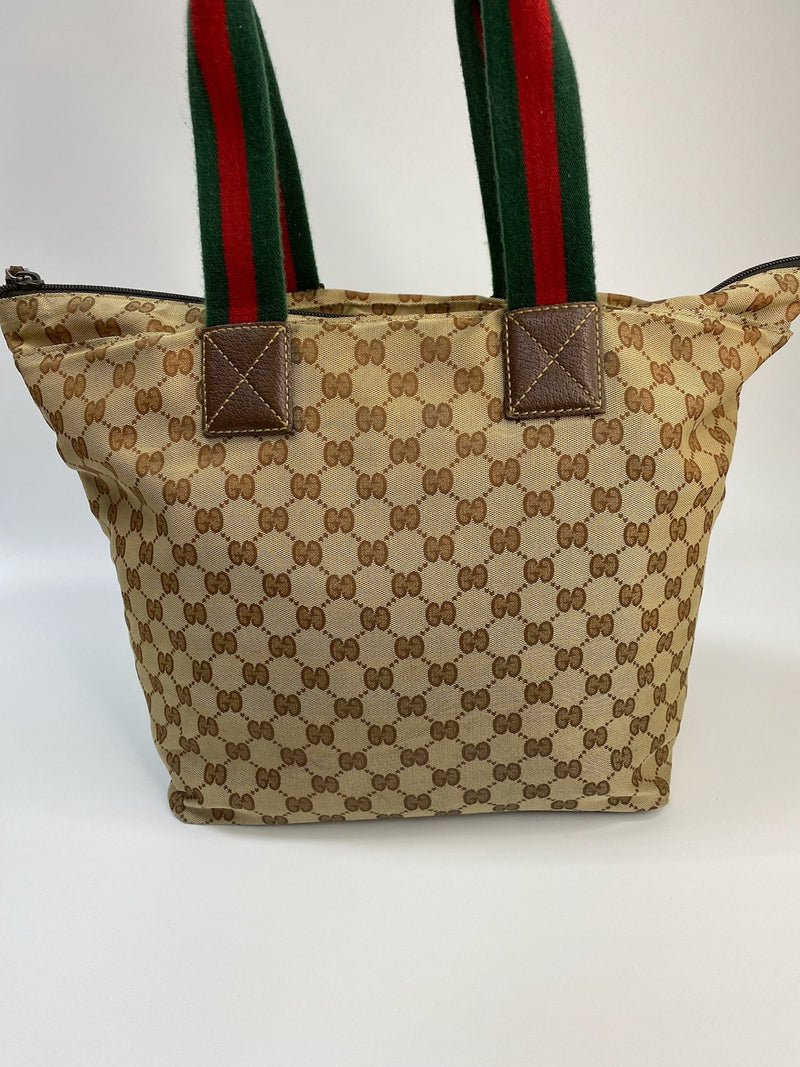 J2707 Gucci Top Handle Bag GUCCIC GG Canvas Web Loop Tote Bag | Pre-Owned Like New Brown / Beige GG canvas/GG monogram