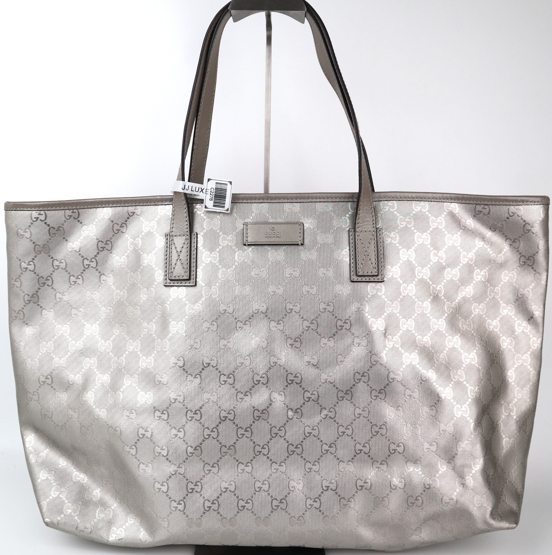 C2276 Gucci Tote Bag GG Imprime Tote Bag Large Silver | Pre-Owned Very Good Silver Leather GG Imprime