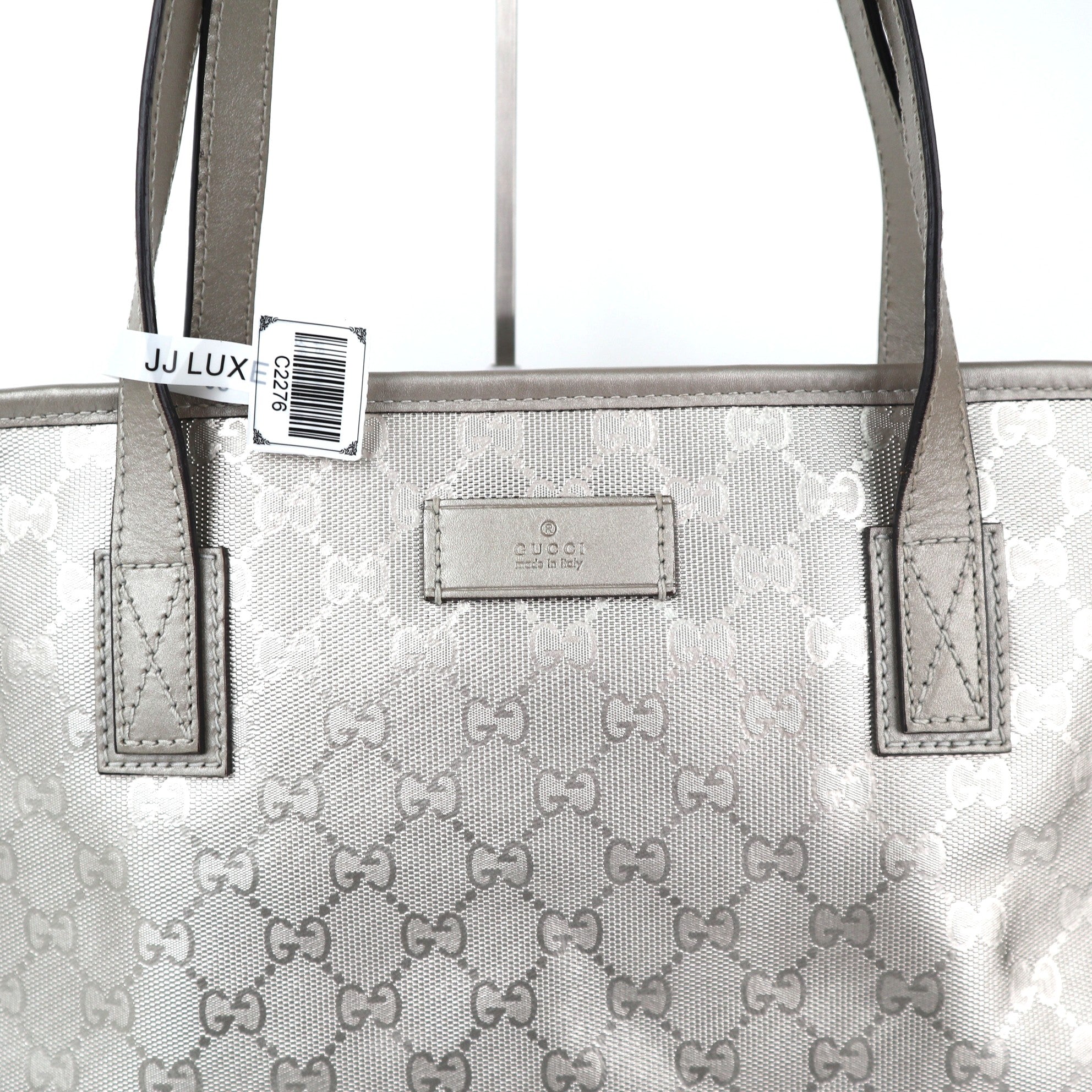 C2276 Gucci Tote Bag GG Imprime Tote Bag Large Silver | Pre-Owned Very Good Silver Leather GG Imprime