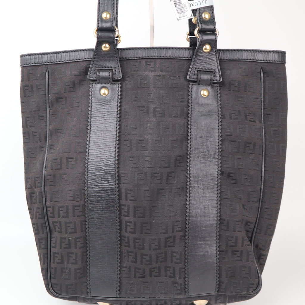 C2281 Fendi Tote Bag Zucchino Black Canvas Leather Trim Tote Shoulder Bag | Pre-Owned Very Good Black Canvas, Leather Zucchino