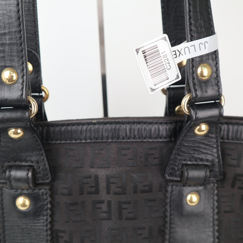 C2281 Fendi Tote Bag Zucchino Black Canvas Leather Trim Tote Shoulder Bag | Pre-Owned Very Good Black Canvas, Leather Zucchino
