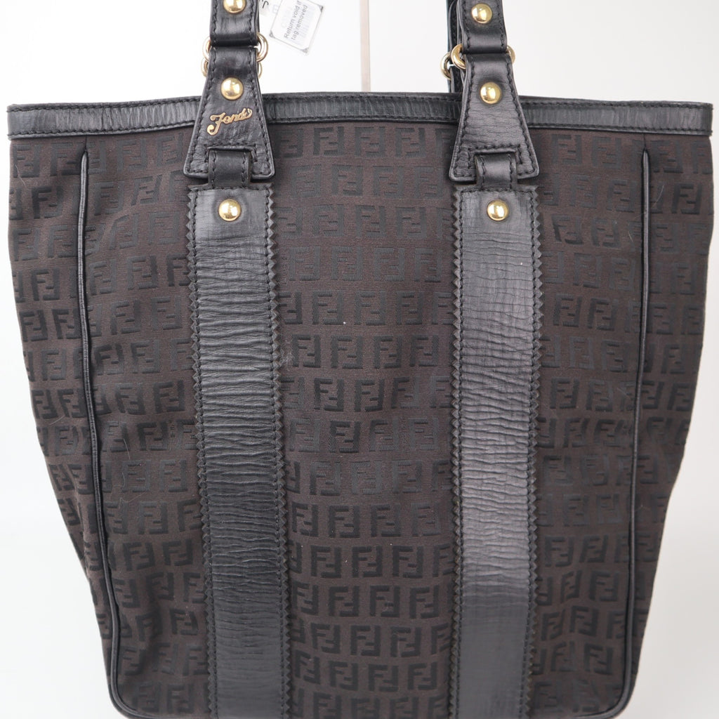 C2281 Fendi Tote Bag Zucchino Black Canvas Leather Trim Tote Shoulder Bag | Pre-Owned Very Good Black Canvas, Leather Zucchino