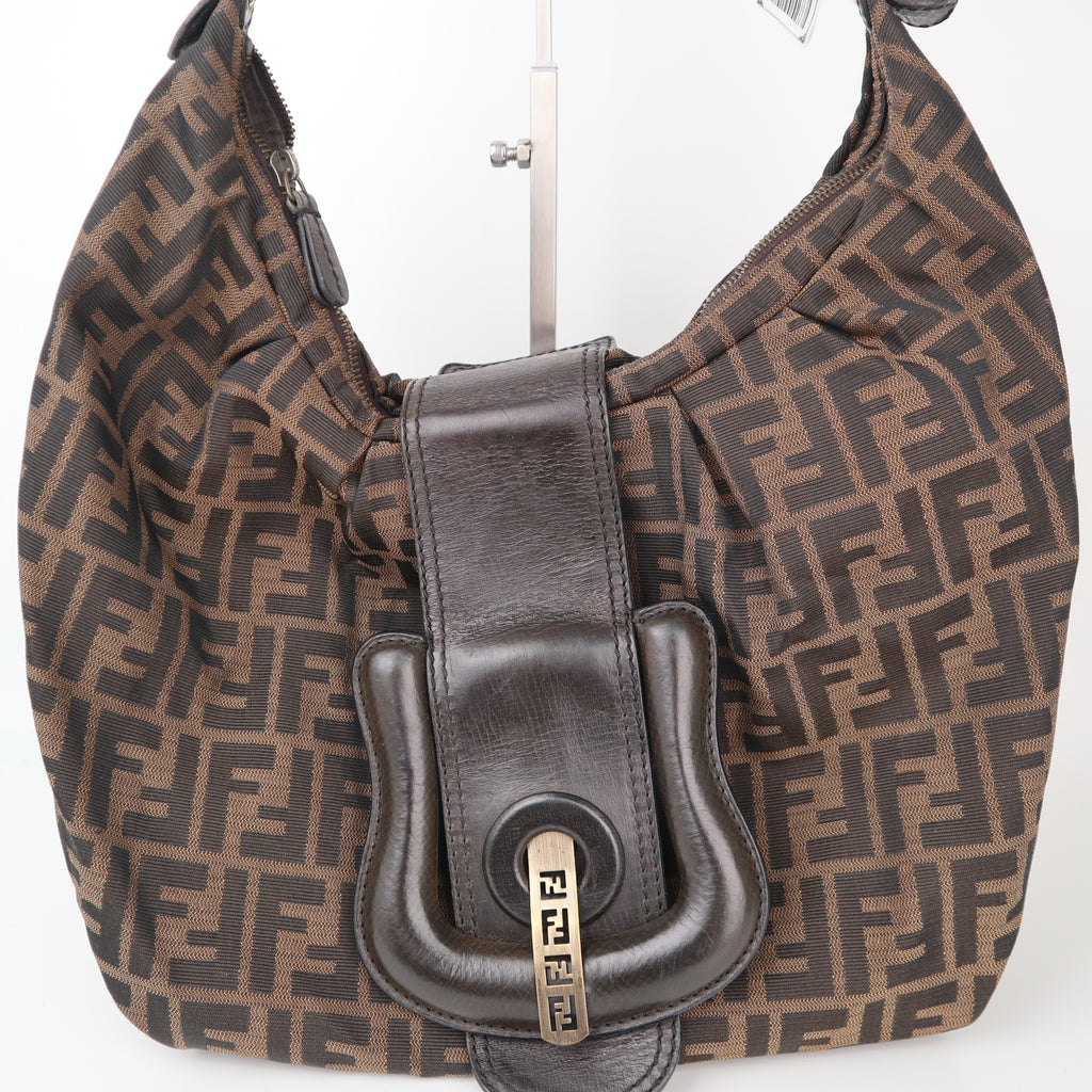 C2282 Fendi Shoulder Bag Tobacco Zucca 'B' Buckle Hobo | Pre-Owned Very Good Tobacco Canvas Zucca